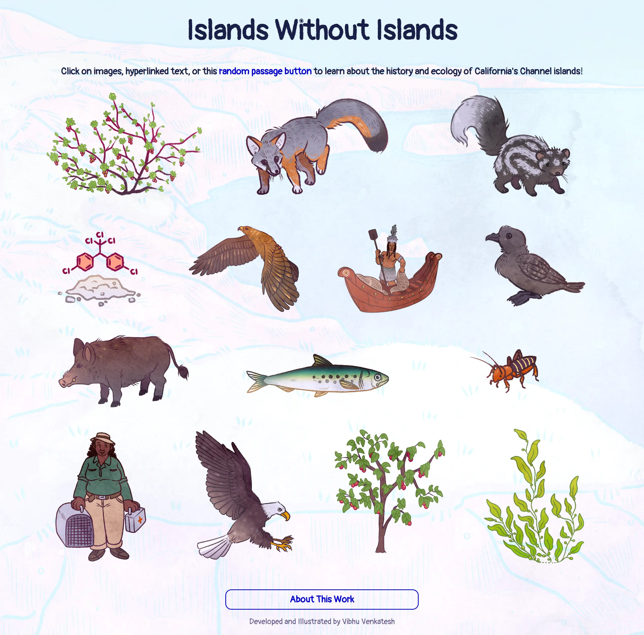 A still of the game featuring images of various members of the California Channel Islands, including animals, plants, humans, and an introduced chemical compound. The navigation schemes allow the player to click on images, highlighted text, or a random passage button to learn more about the islands' ecology