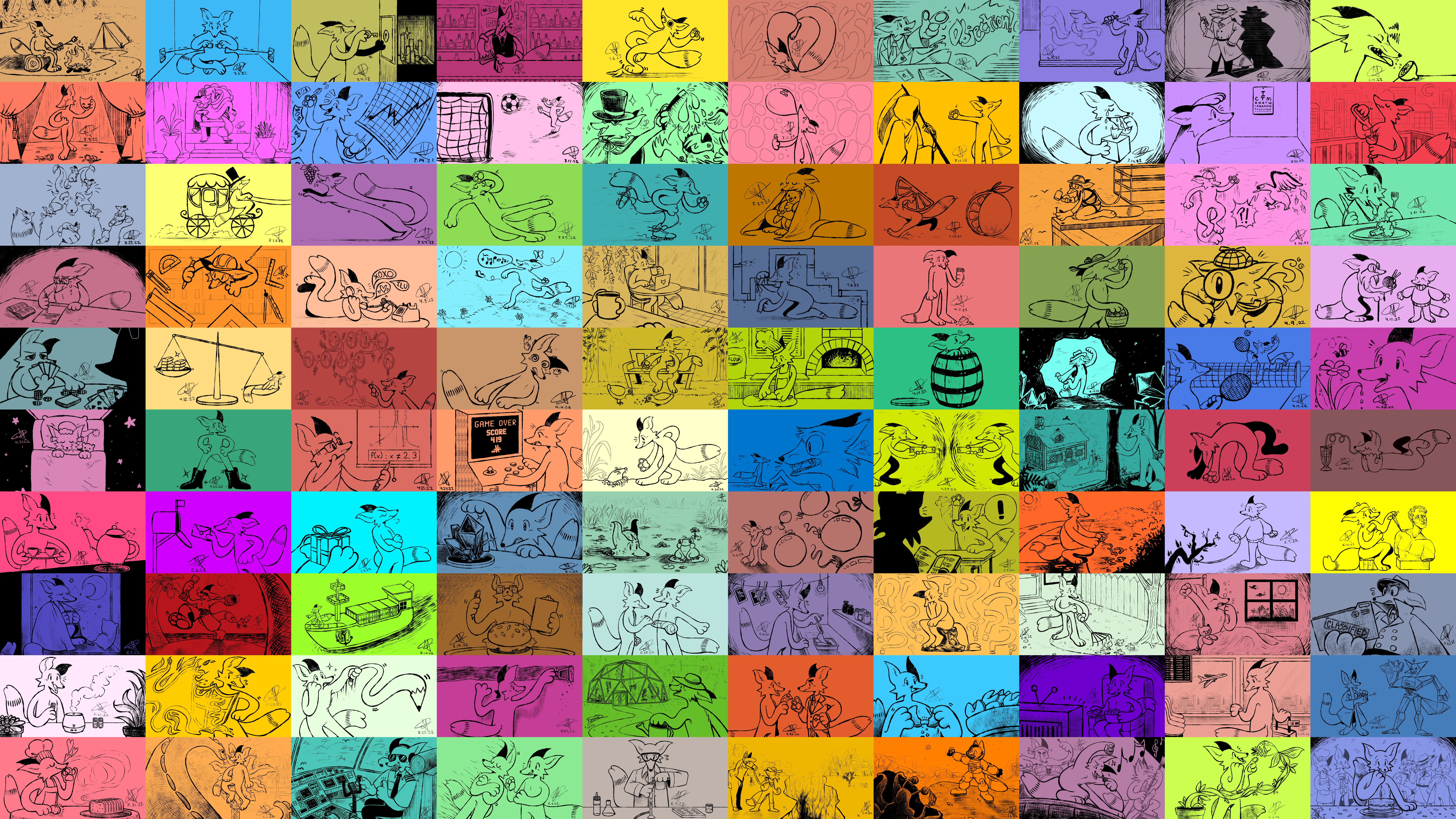 A tiled view of all 100 fox drawings together.