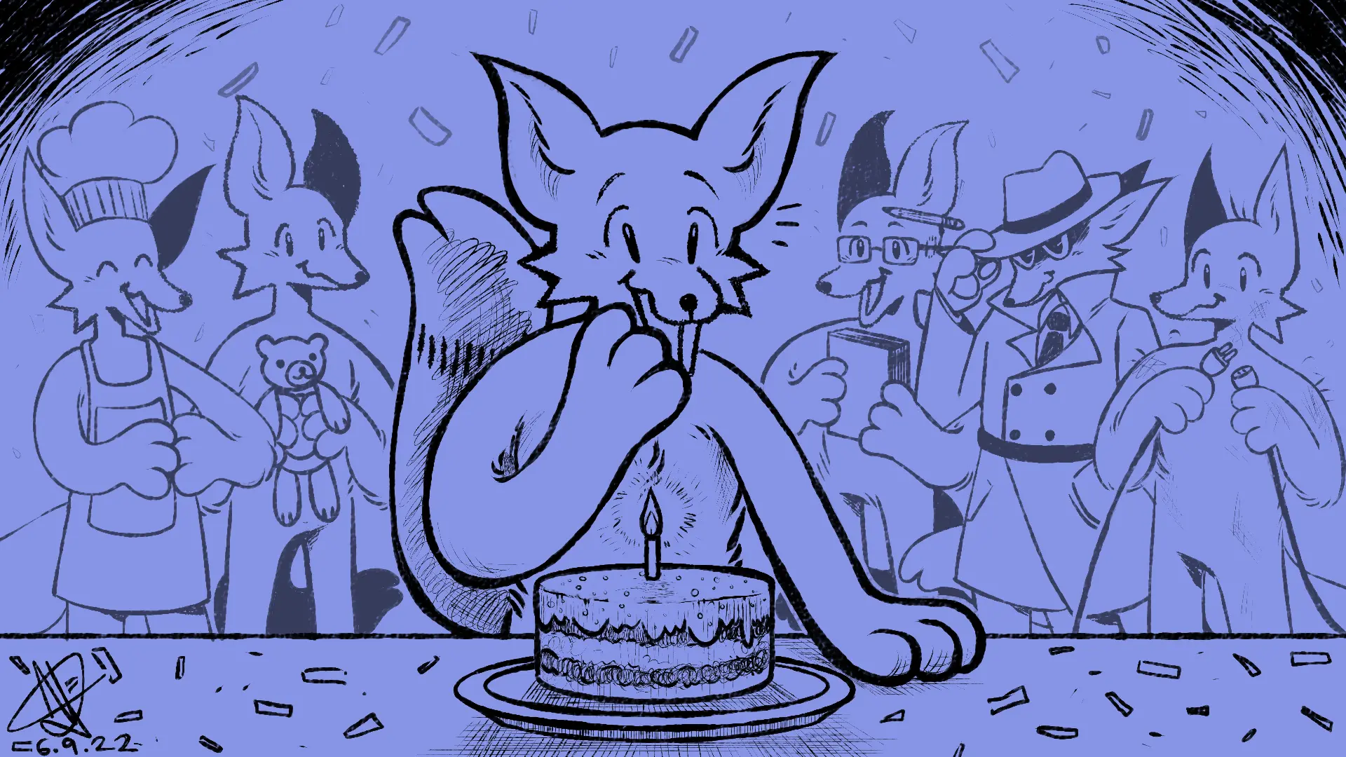 Fox Day 100: A group of 6 foxes from the previous 99 drawings gather around a cake, celebrating the completion of the project.