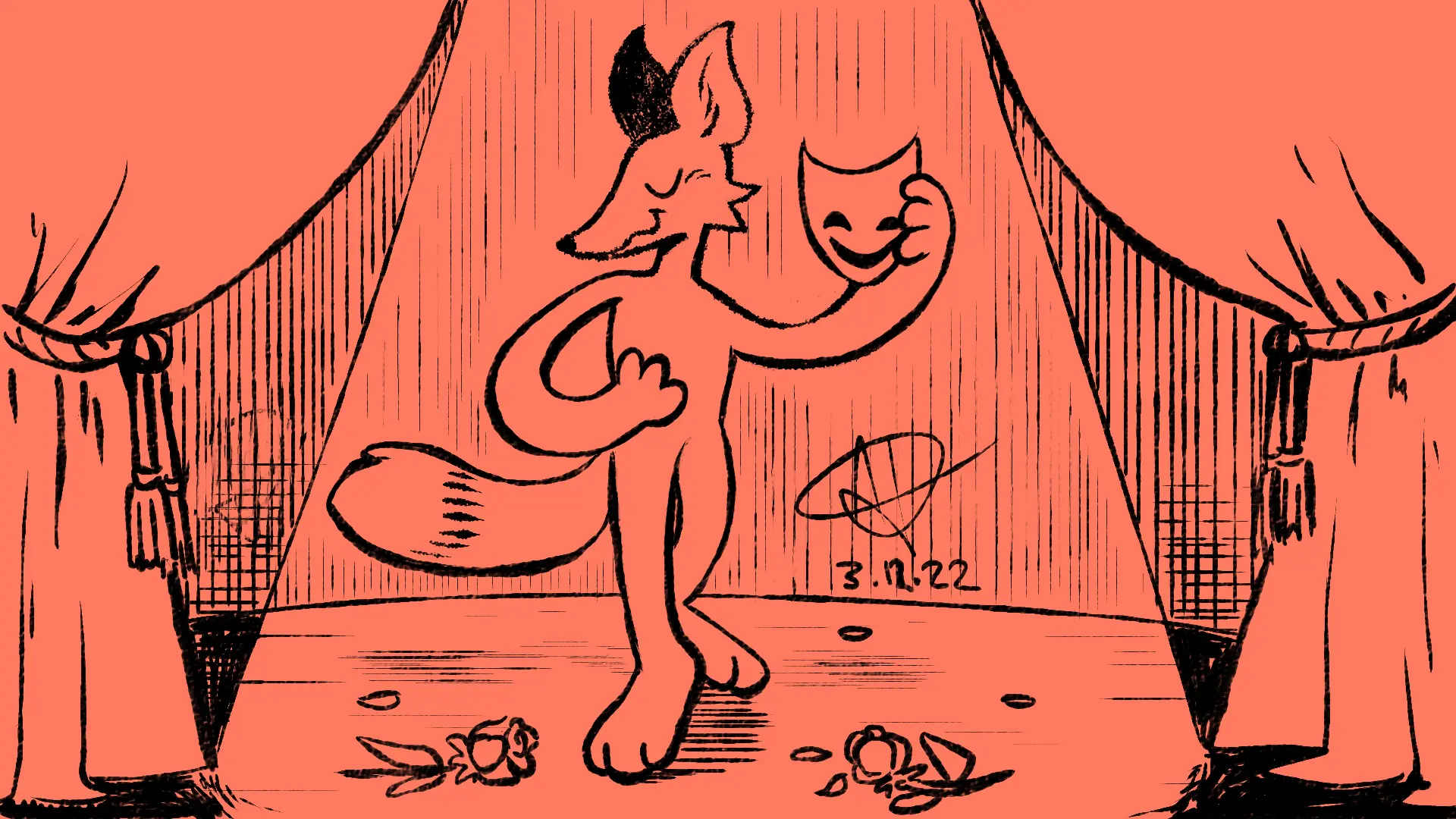 Fox Day 11: A fox taking a bow on a stage with roses being thrown, holding up a theater comedy mask.