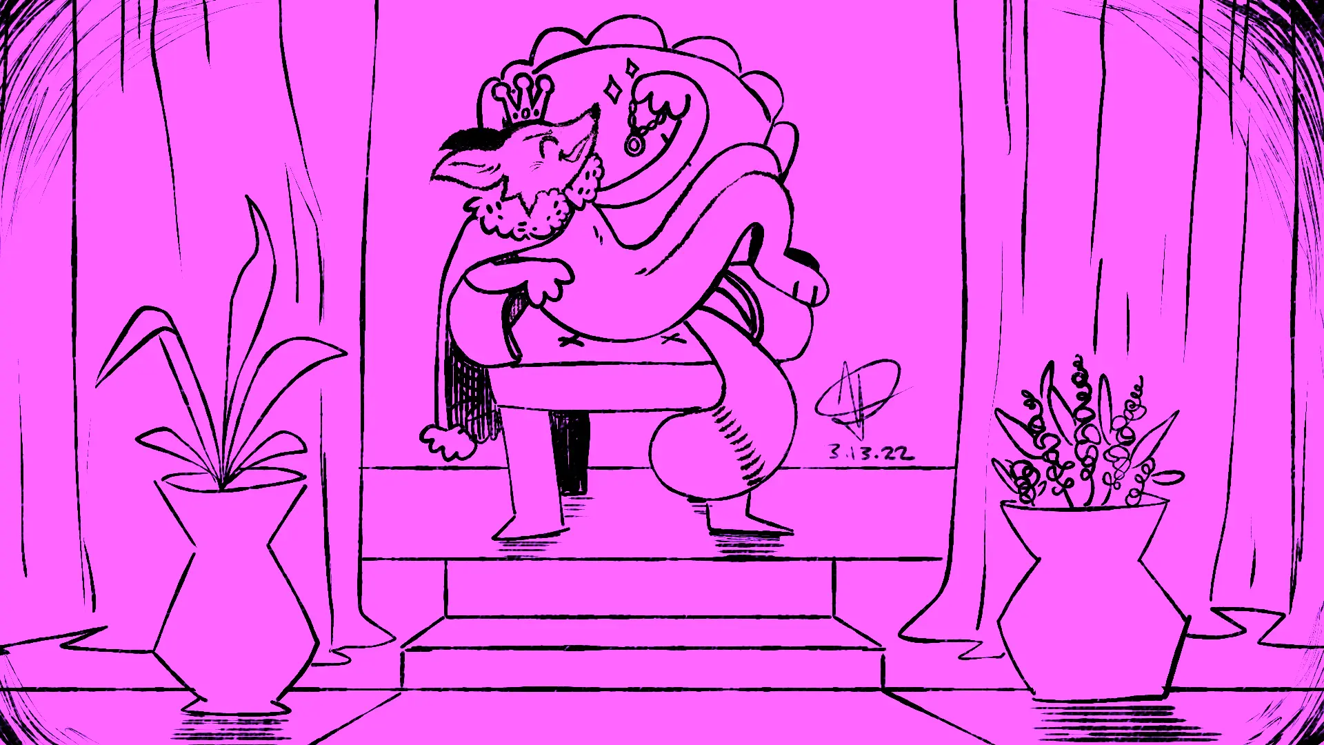 Fox Day 12: A king fox with a royal crown and robe lounging on a throne, admiring a glittering jewelery piece.