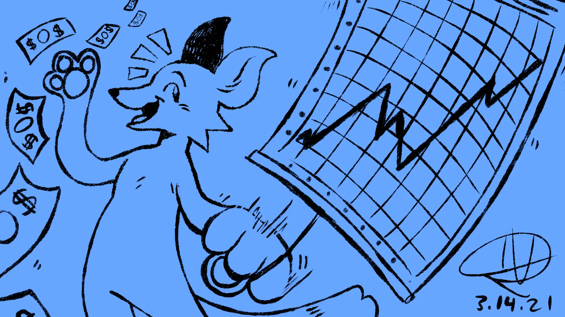 Fox Day 13: A fox with dollar sign eyes pulling up a stocks trend graph, with money raining down in the background.