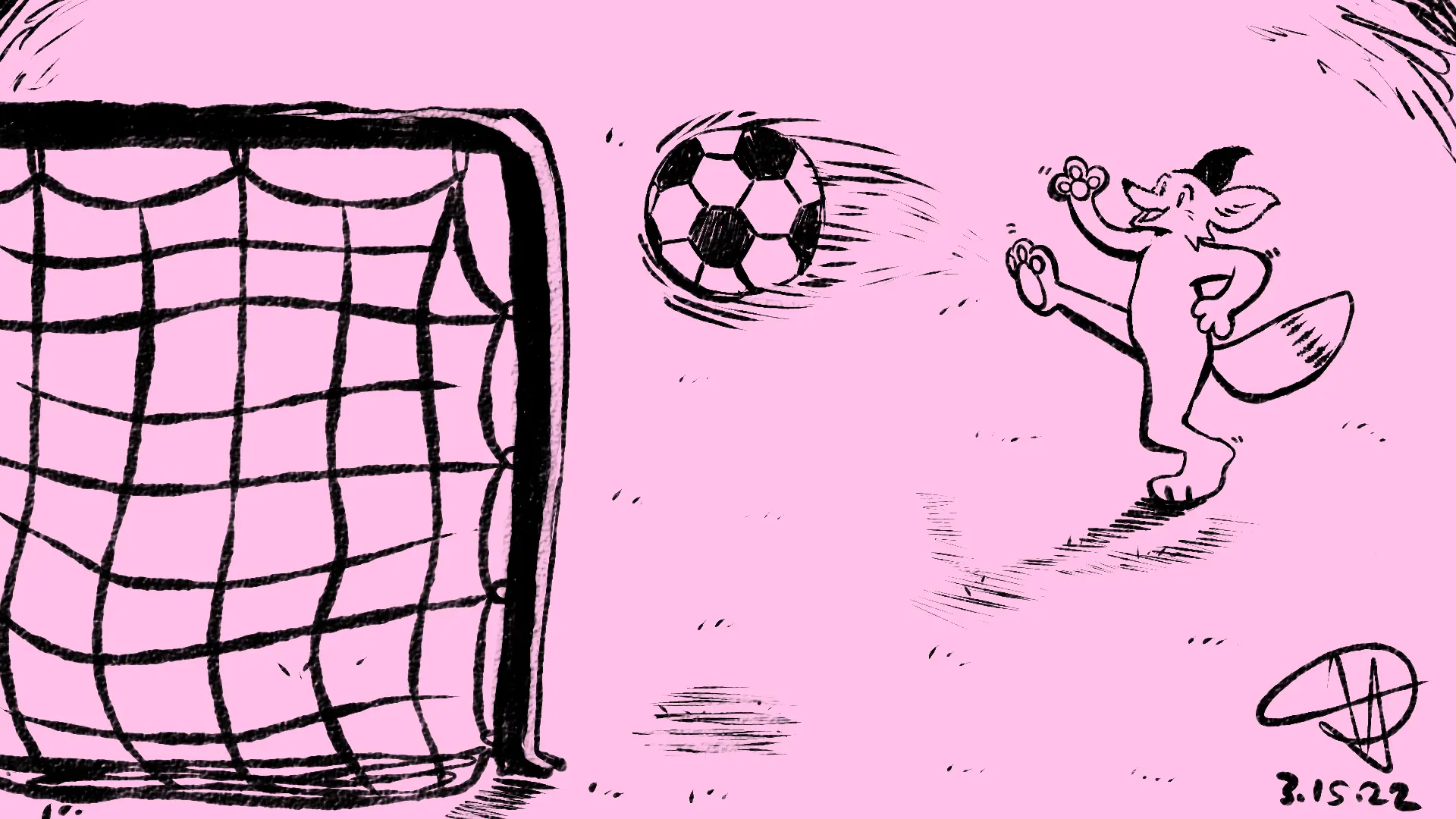 Fox Day 14: A fox kicking a soccer ball into a goal.