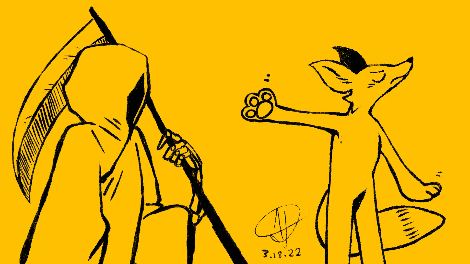 Fox Day 17: A fox coming face to face with the grim reaper, but refusing to go because he is immune to death.