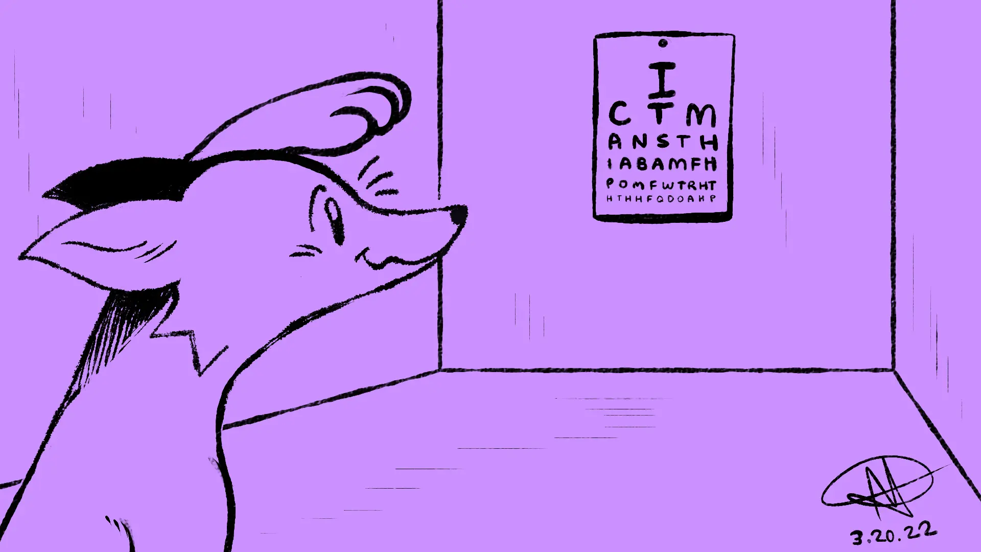 Fox Day 19: A fox doing a vision test, trying to read the small letters on the poster from a distance.