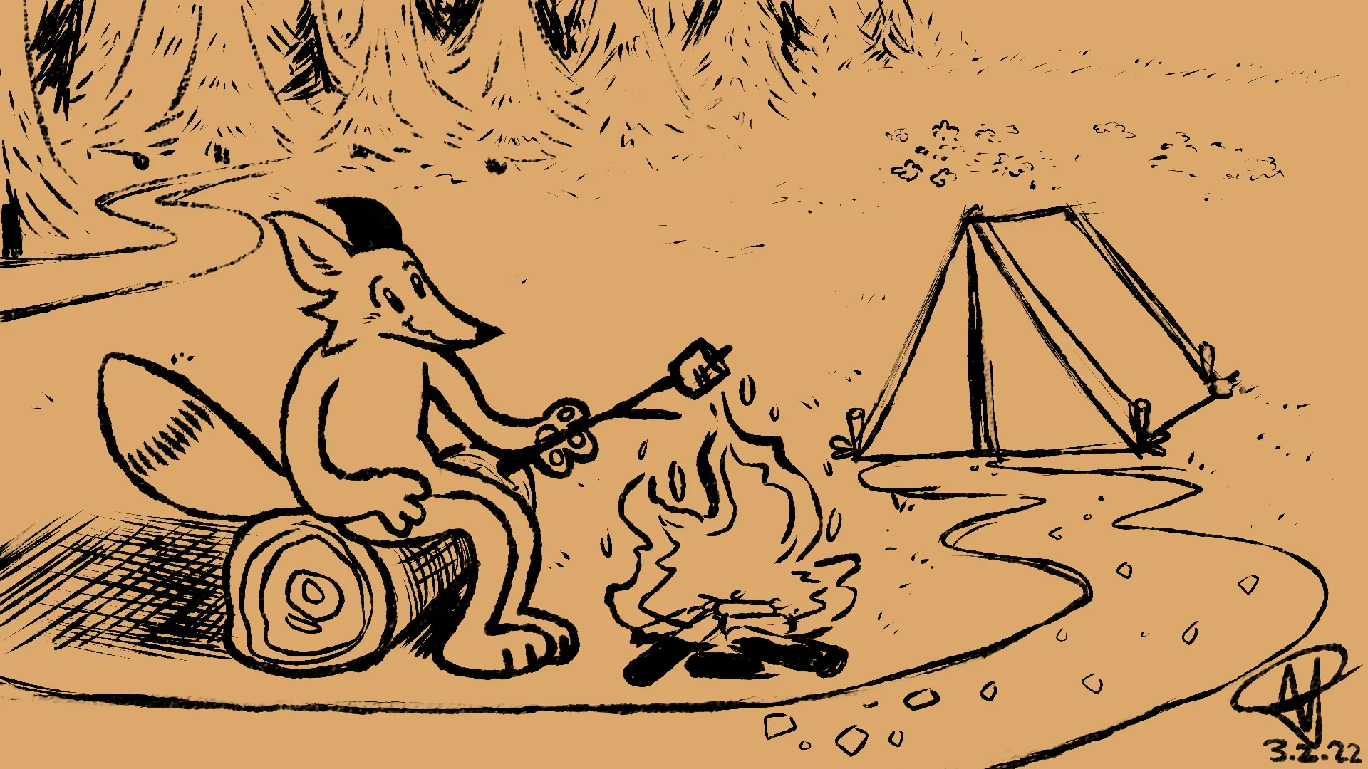 Fox Day 1: A fox camping in a clearing, toasting marshmallows over a campfire a few feet away from his tent.