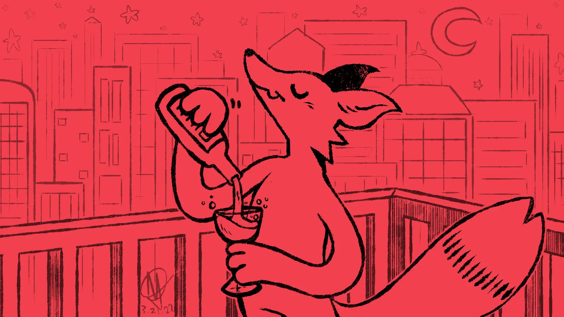 Fox Day 20: A fox pouring himself a drink on his balcony at night.