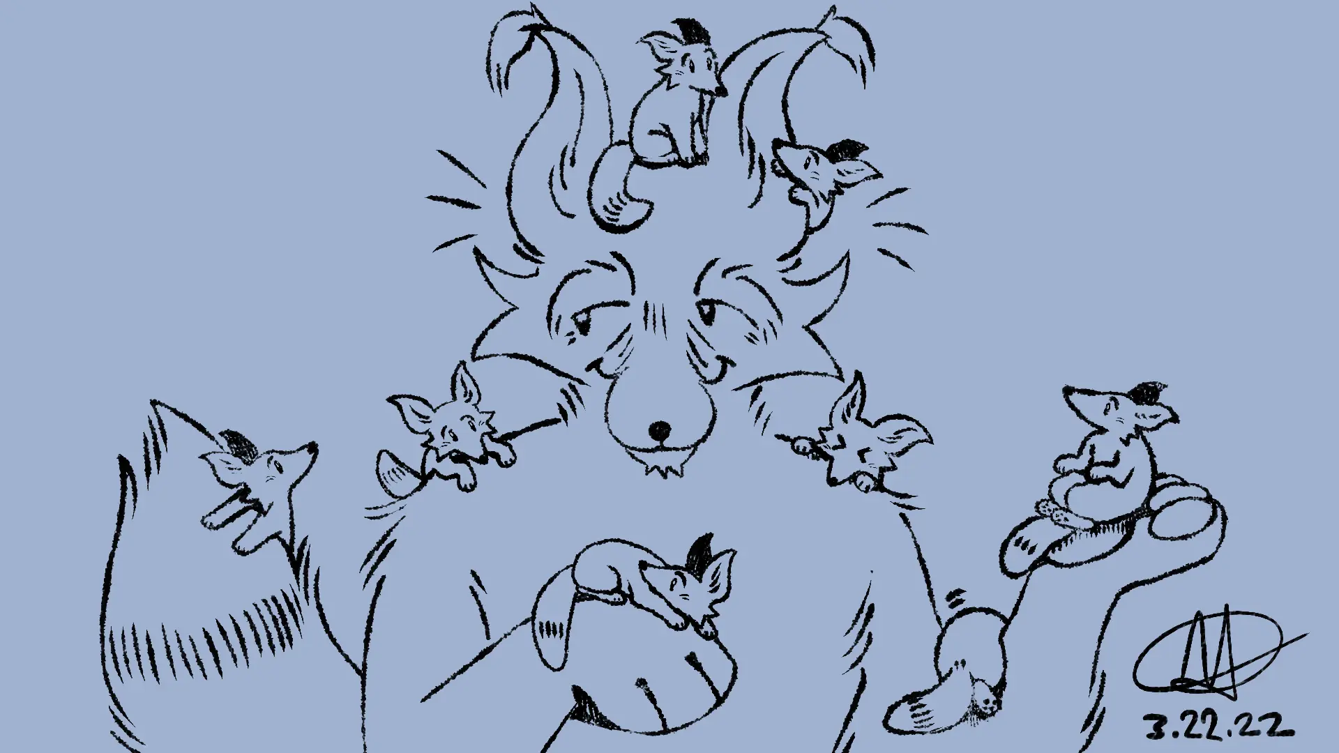 Fox Day 21: A very old giant fox holding up some tiny foxes.