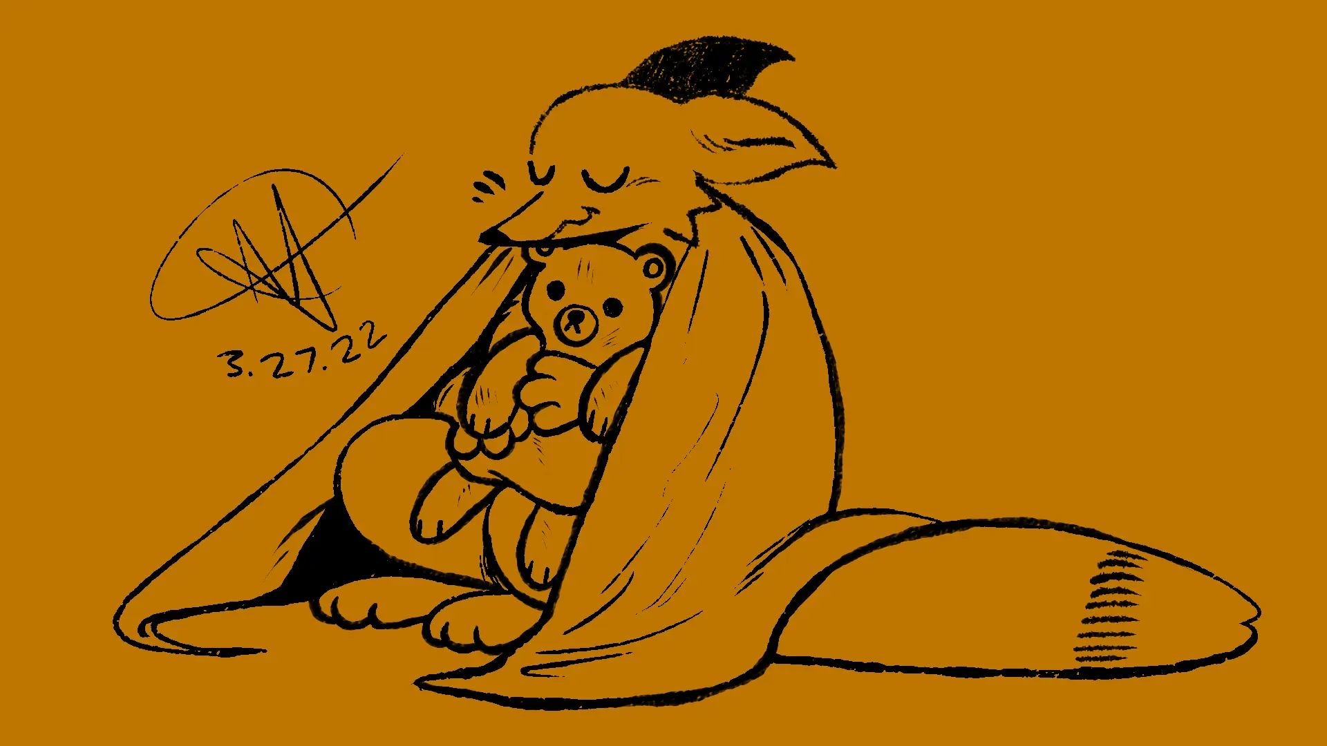Fox Day 26: A fox snuggling under a blanket with a teddy bear.