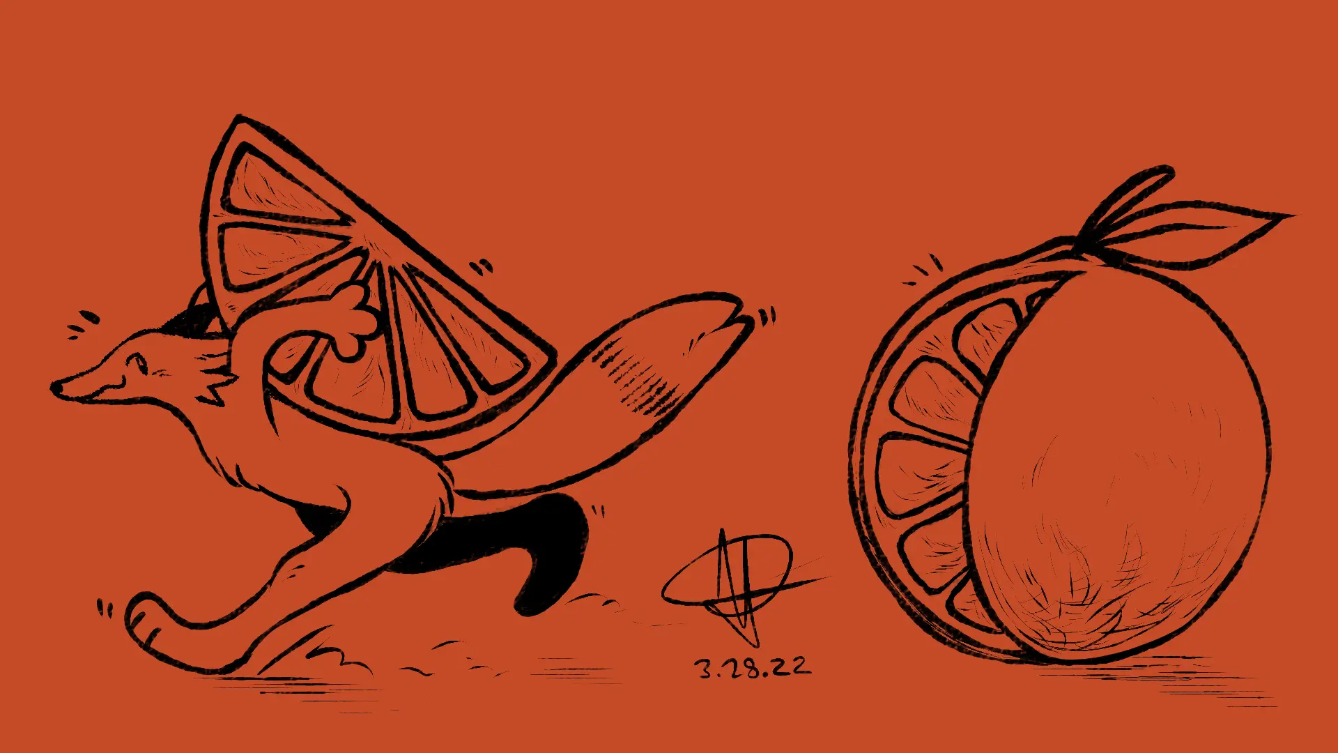 Fox Day 27: A fox grabbing a slice from a giant orange and running off.