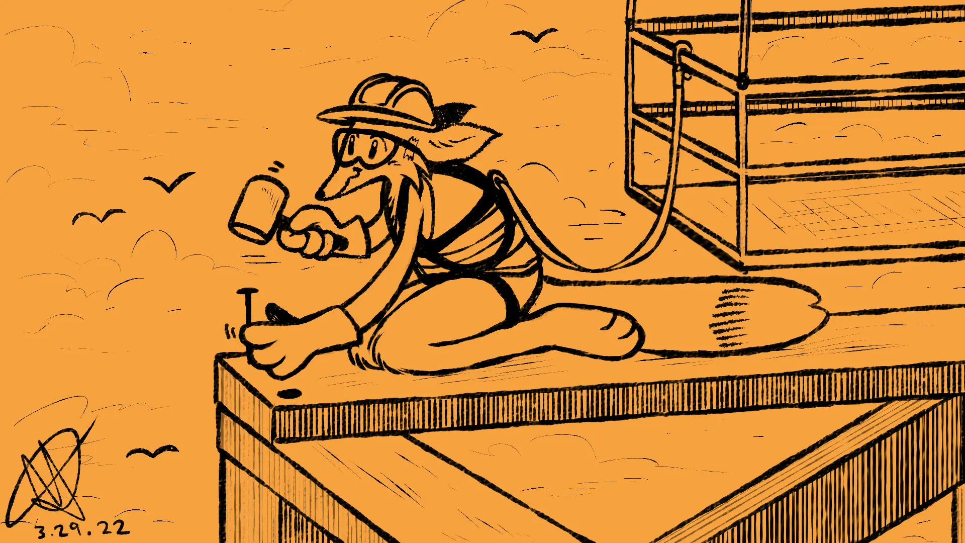 Fox Day 28: A fox working on a construction site, hammering in nails with a mallet.