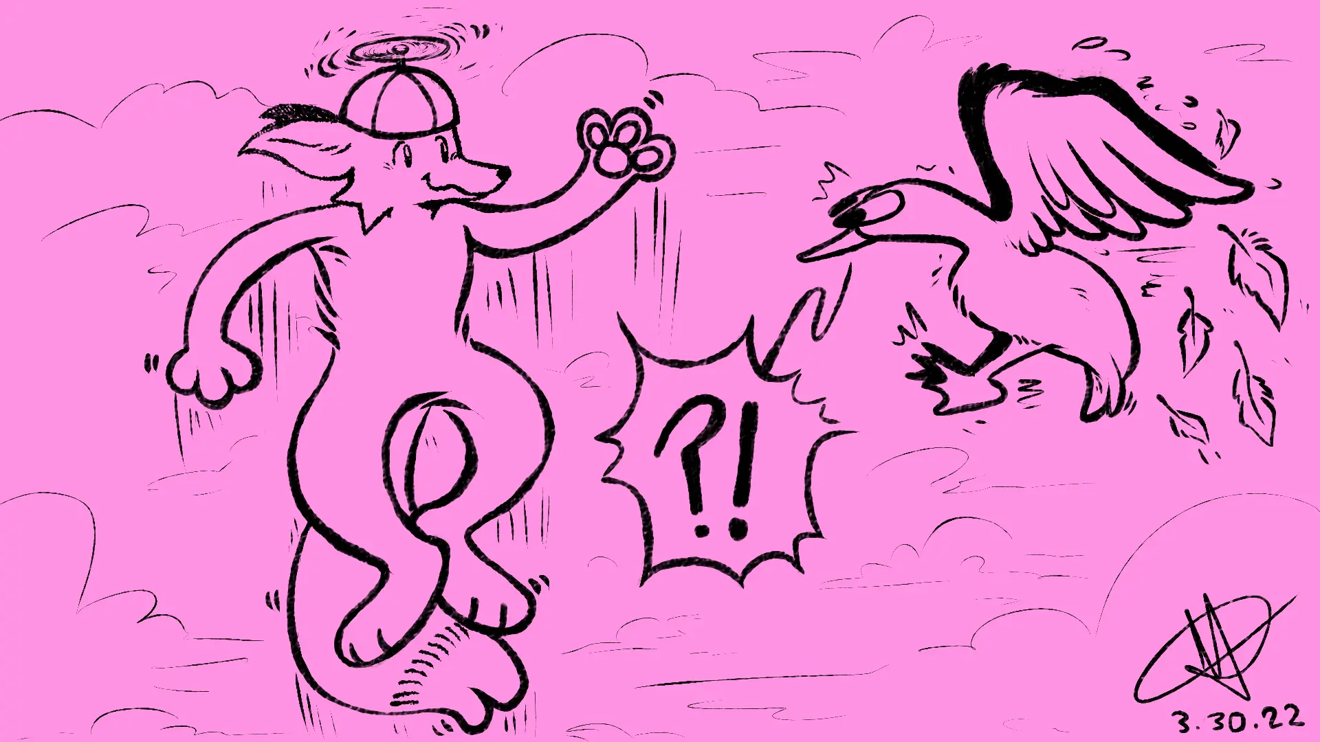 Fox Day 29: A fox with a propeller cap flying high in the clouds, and a flying duck that is passing by looks shocked.