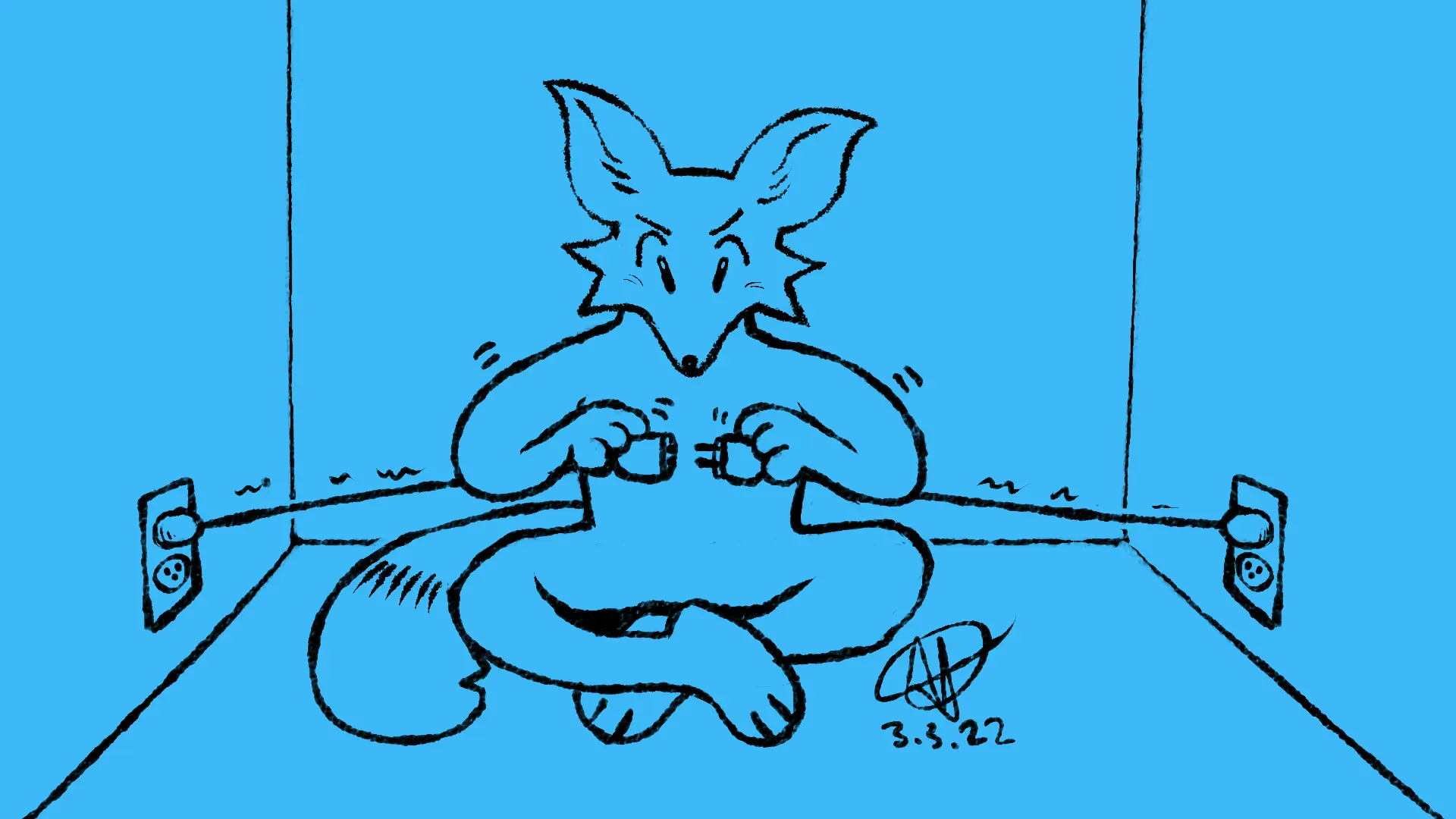 Fox Day 2: A cross-legged sitting fox trying to connect two strange wires.