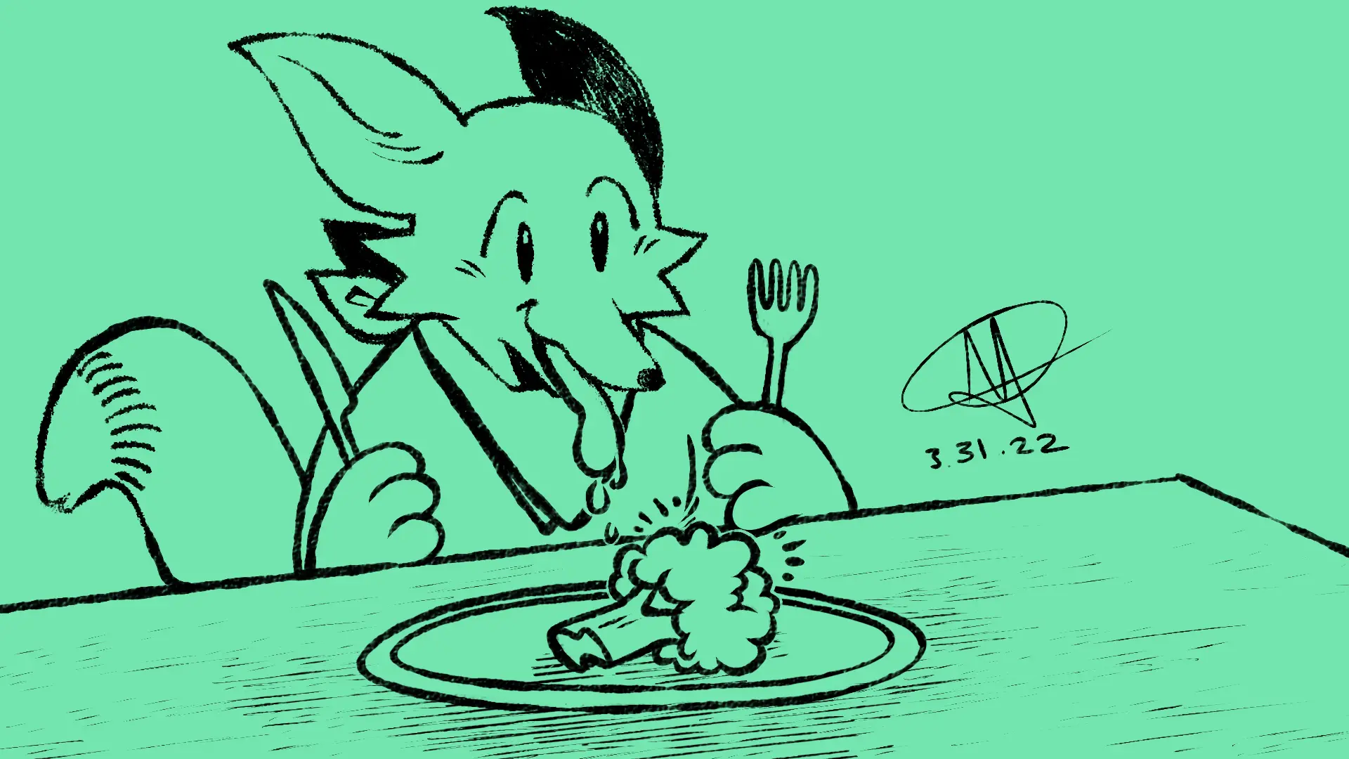 Fox Day 30: A fox sitting at a table, eager to eat broccoli.