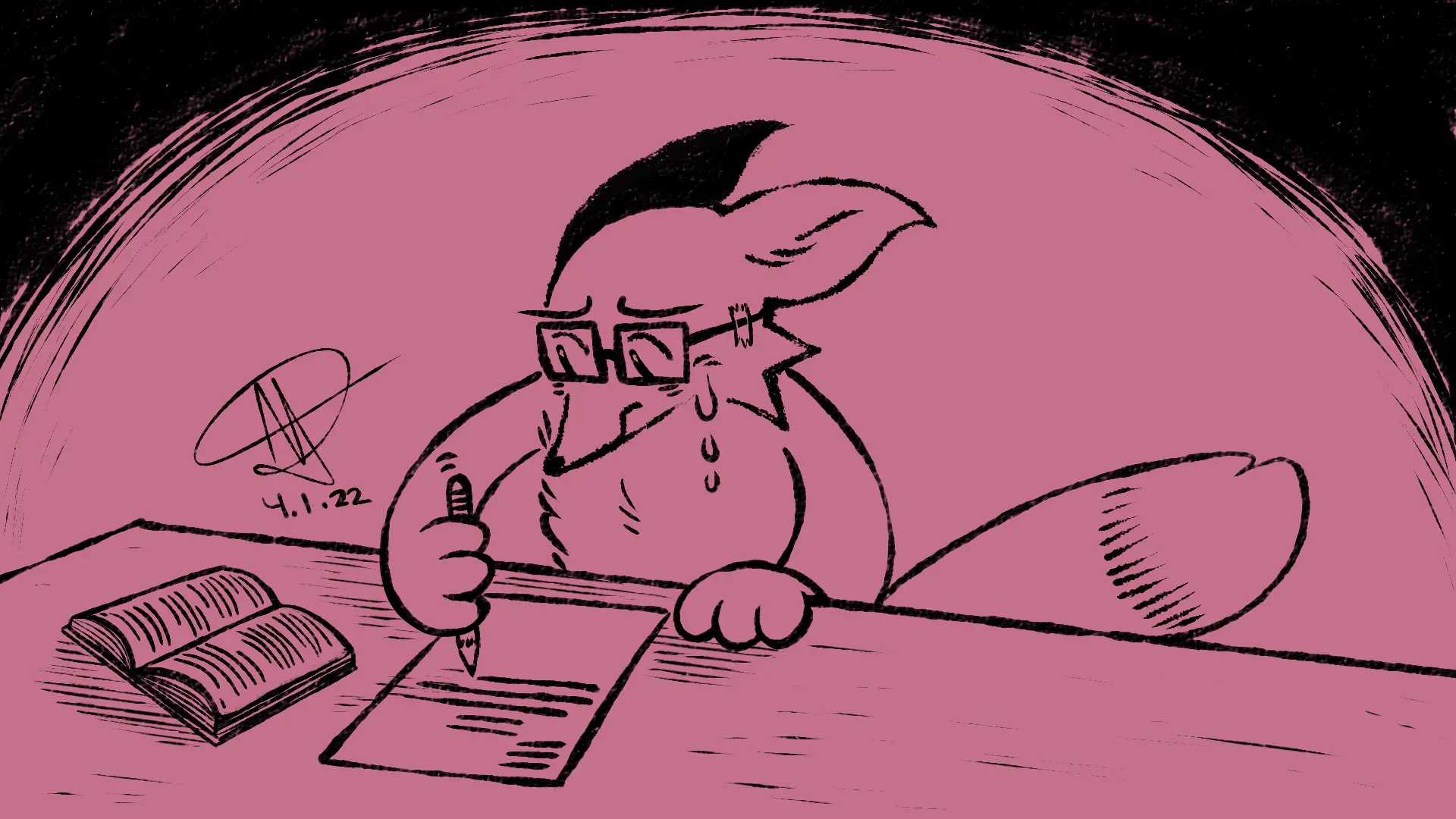 Fox Day 31: A fox nervously writing an essay.