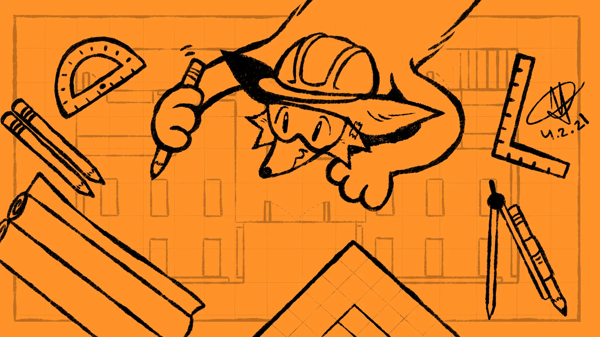 Fox Day 32: An engineer fox drafting up blueprints for a new building.