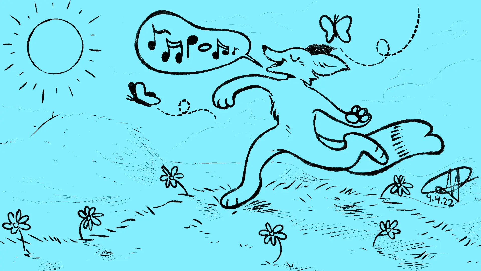 Fox Day 34: A fox frolicking and singing in a grassy field on a sunny day.