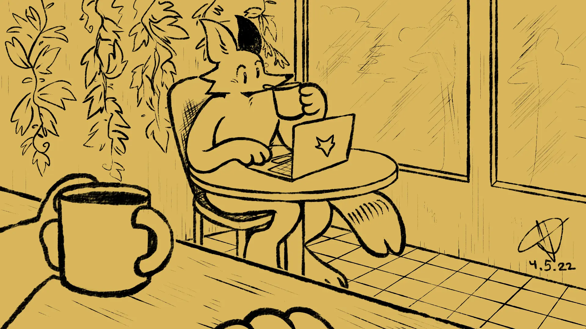 Fox Day 35: A fox sitting at a cafe table and drinking coffee while working on a laptop. The viewer looks at this fox from the point of view of another fox customer.
