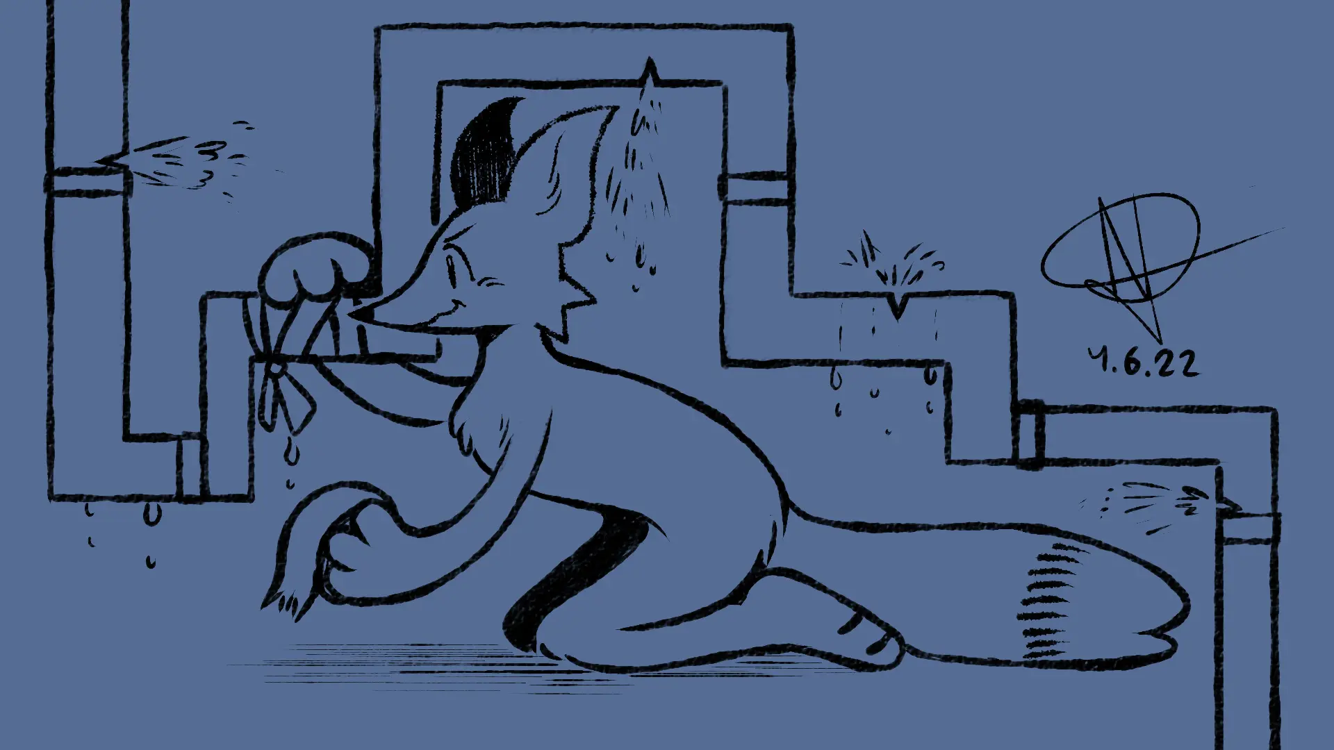 Fox Day 36: A fox fixing a leaking pipe.