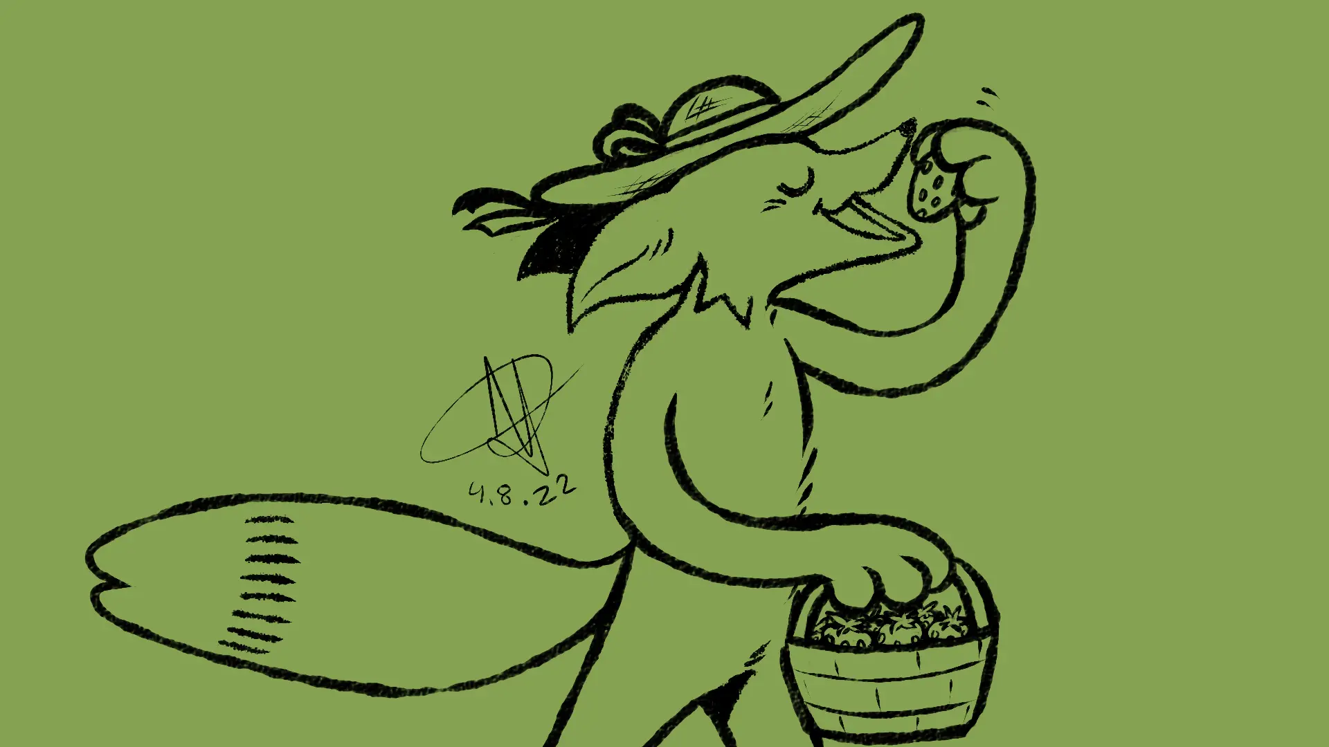 Fox Day 38: A fox eating from a basket of strawberries.