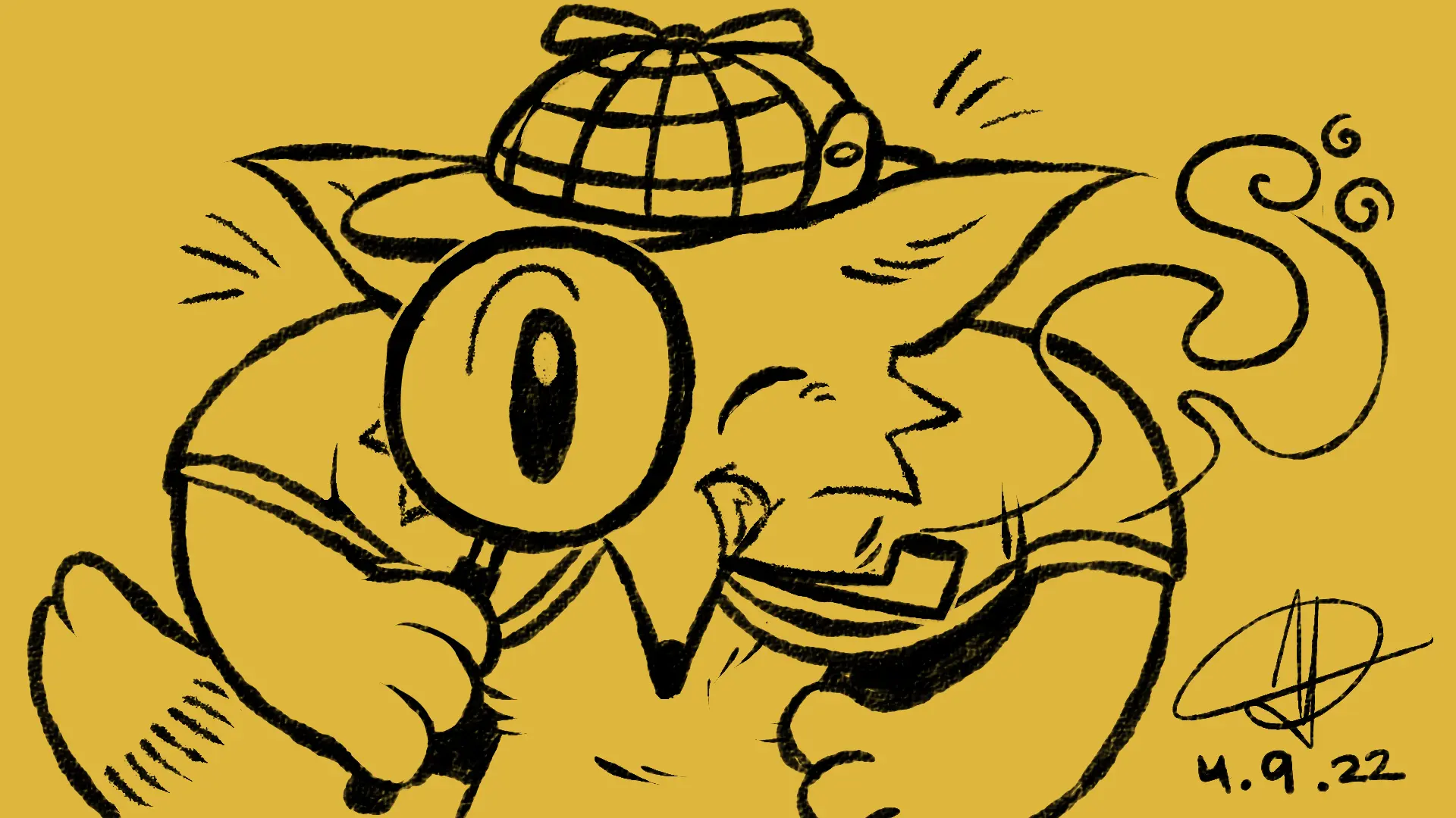 Fox Day 39: A Sherlock Holmes-esque fox detective looking at the viewer through a magnifying glass.