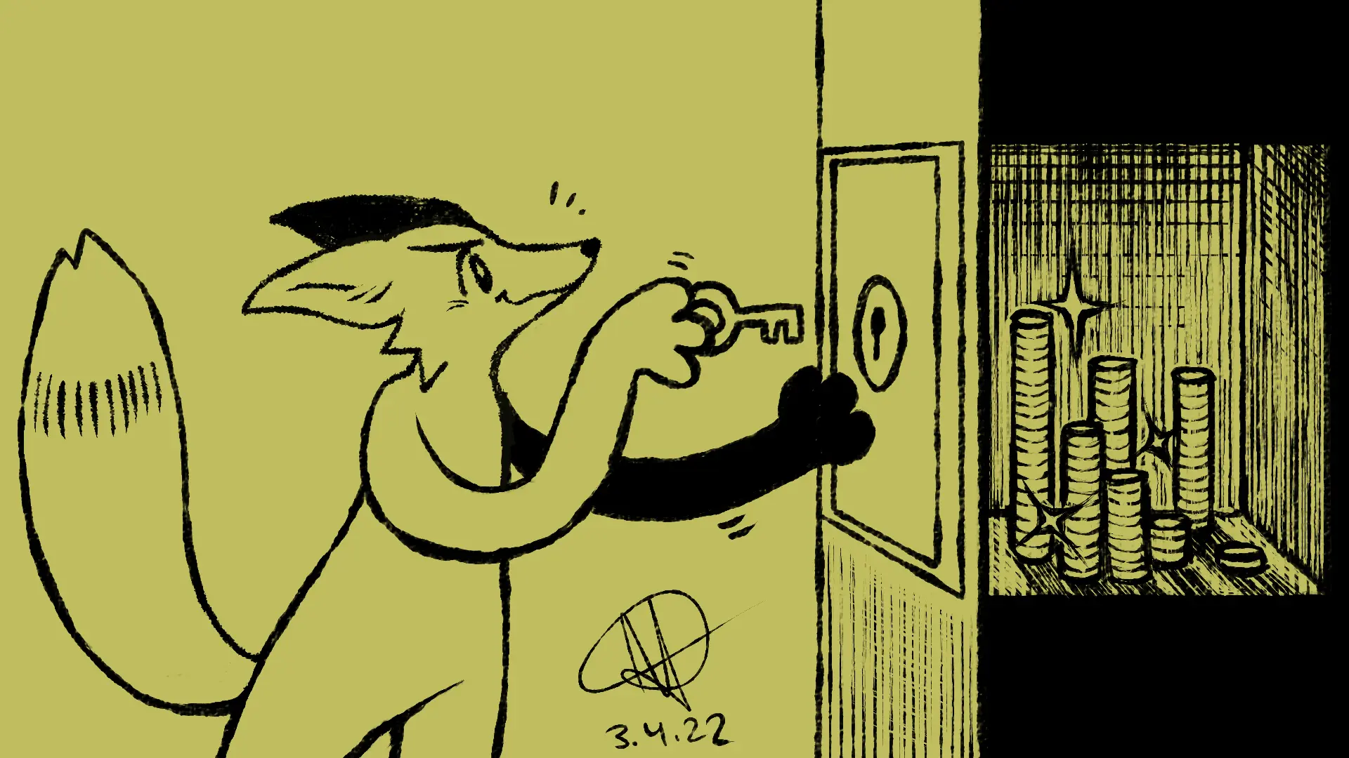 Fox Day 3: A fox sneakily holding a key and unlocking a safe with gold coins.