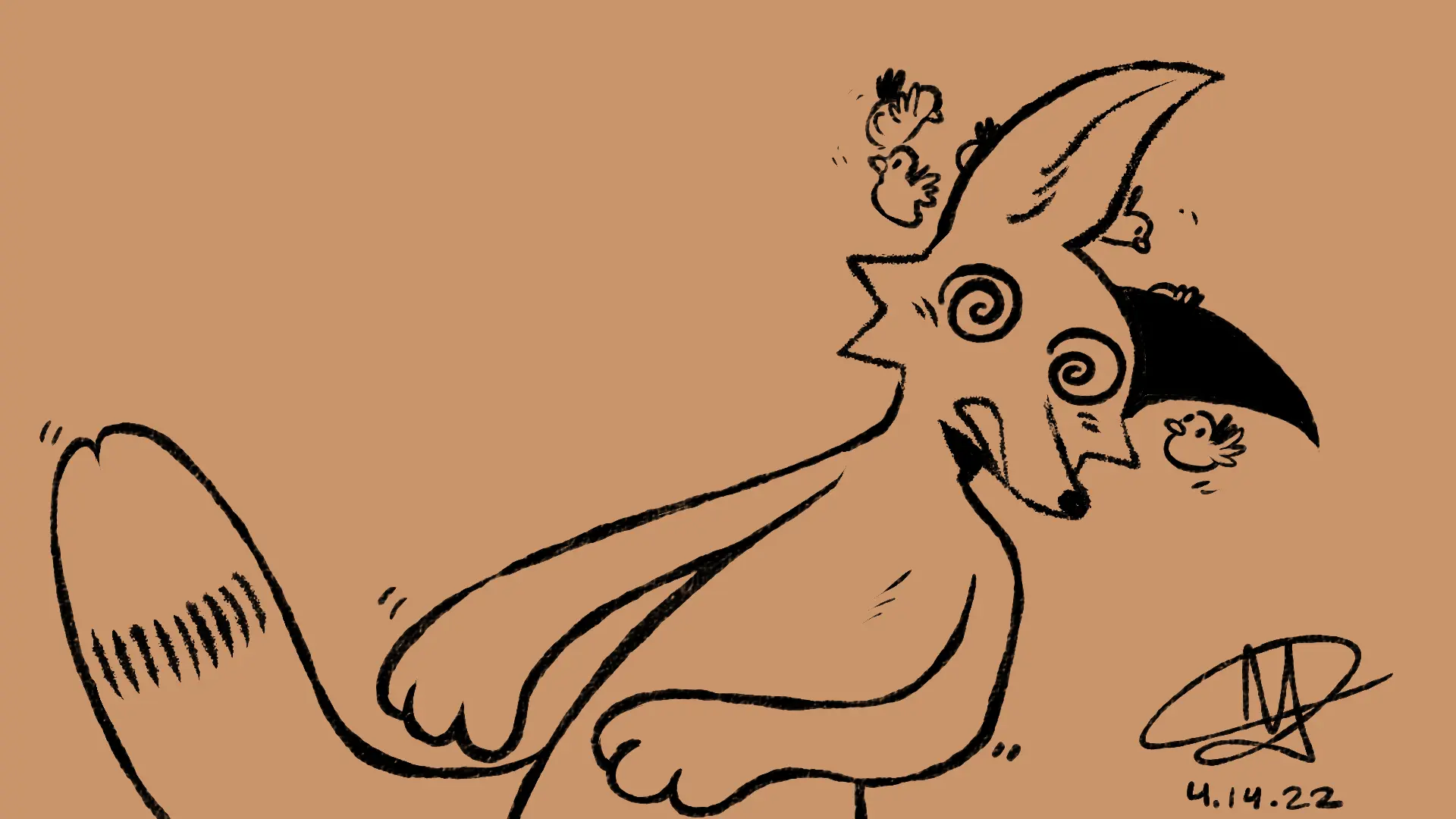 Fox Day 44: A dizzy and confused fox, with cartoon birds flying around his head.