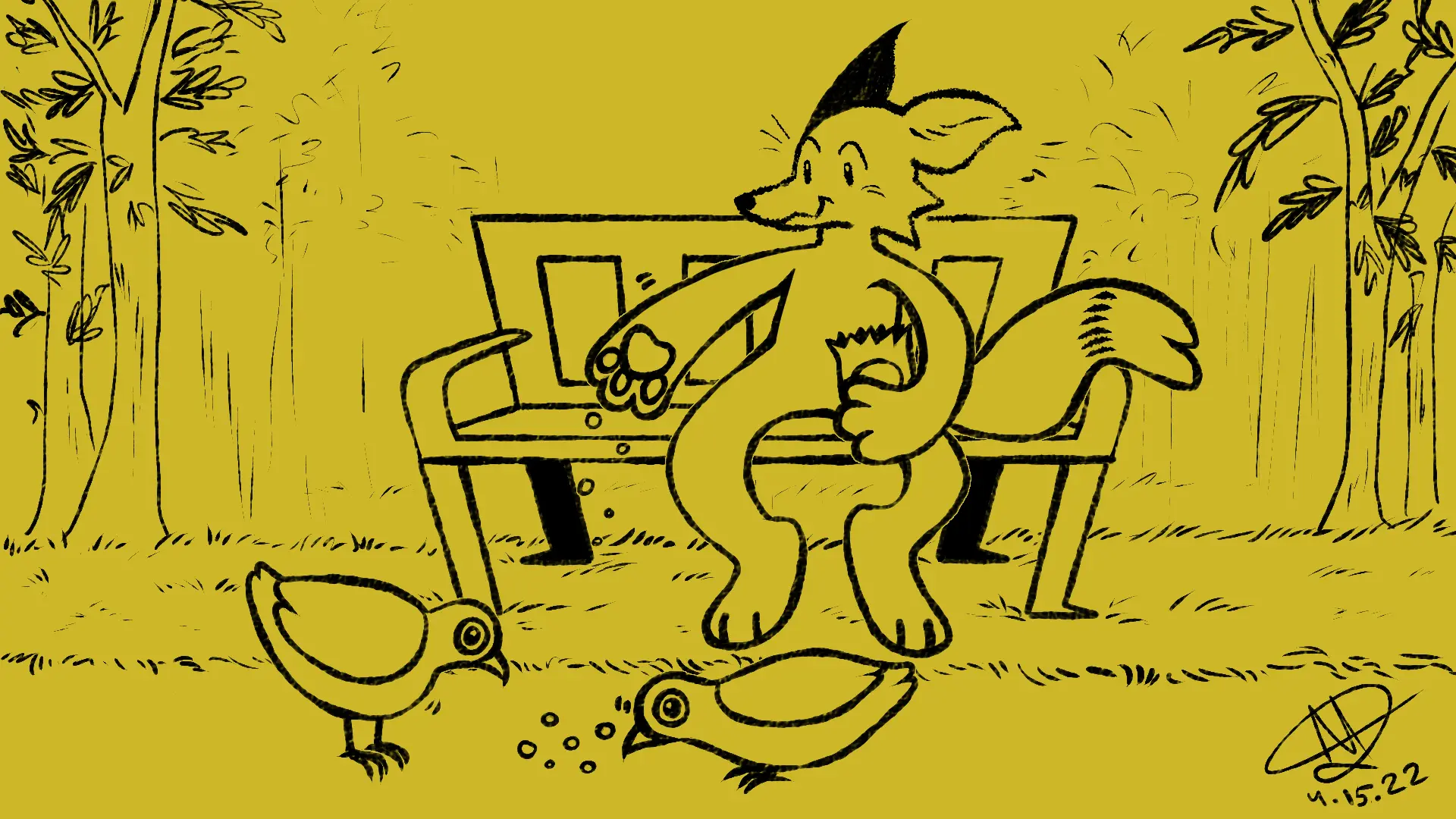 Fox Day 45: A fox sitting on a bench, feeding the pigeons at the park.
