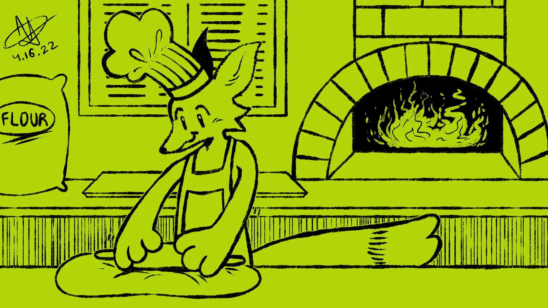 Fox Day 46: A baker fox rolling out pizza dough in the middle of his kitchen.