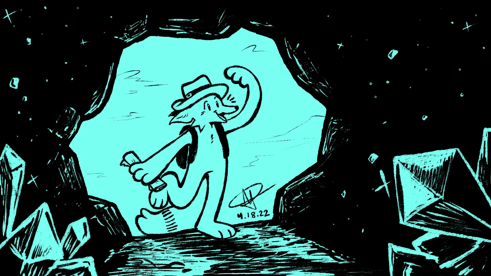 Fox Day 48: A fox explorer discoveing a cave full of sparkling crystals.