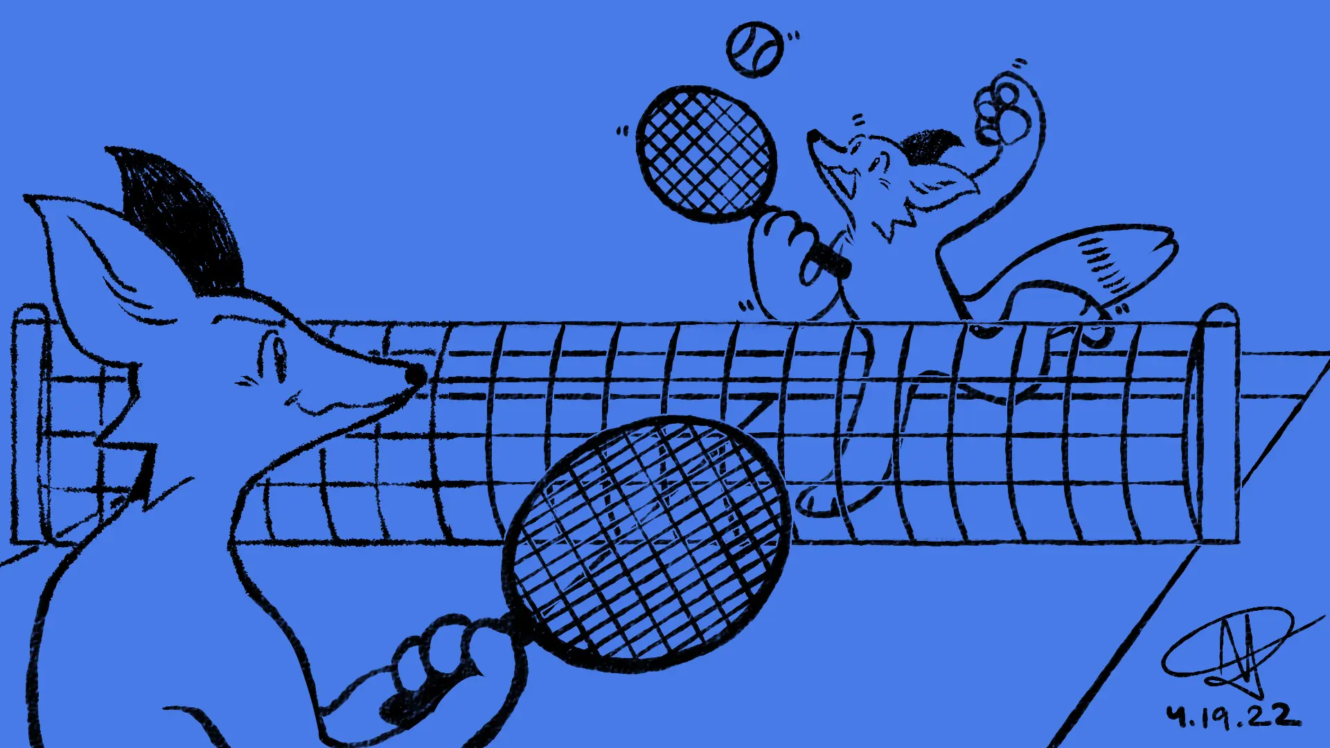 Fox Day 49: Two foxes playing a game of tennis.