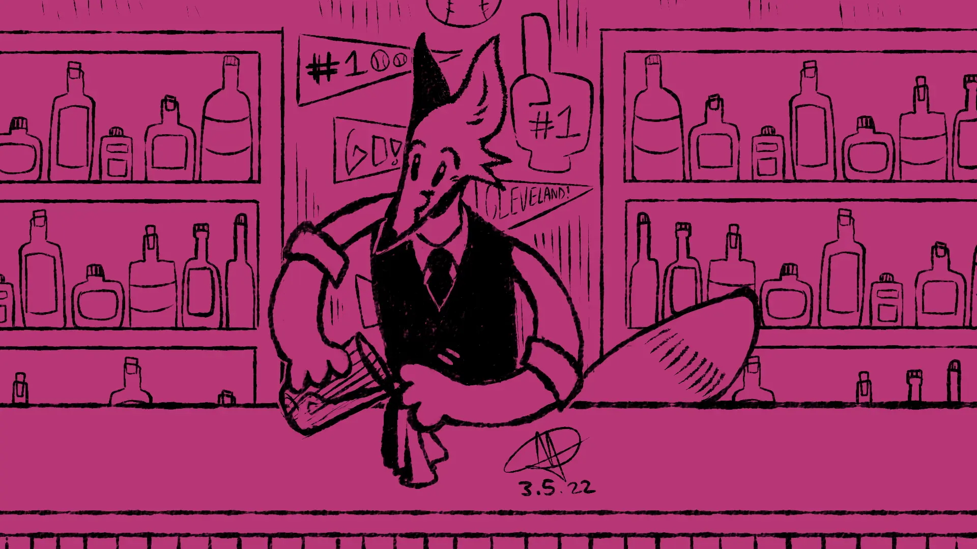 Fox Day 4: A bartender fox cleaning glasses at a sports bar, with shelves of alcohol in the background.