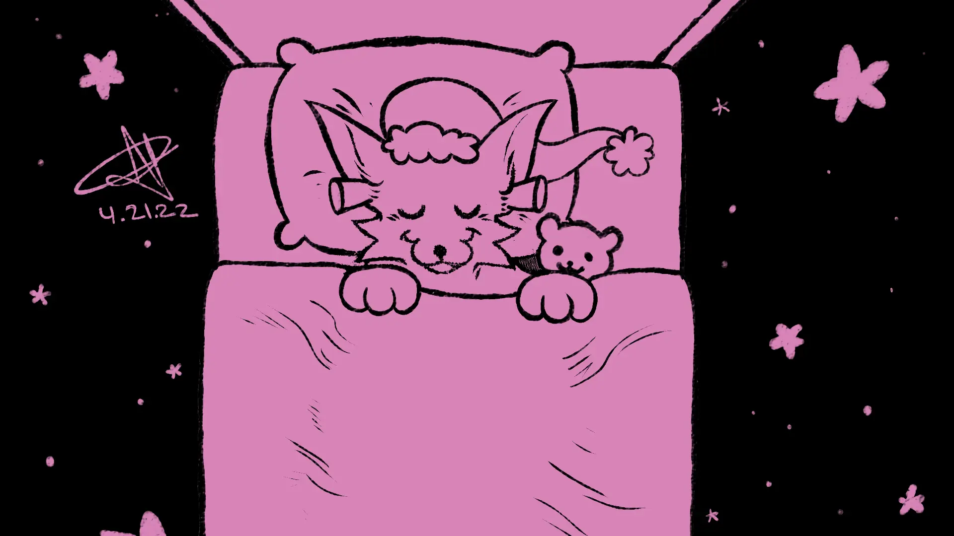 Fox Day 51: A fox sleeping in bed with a teddy bear, wearing earplugs for absolute silence.
