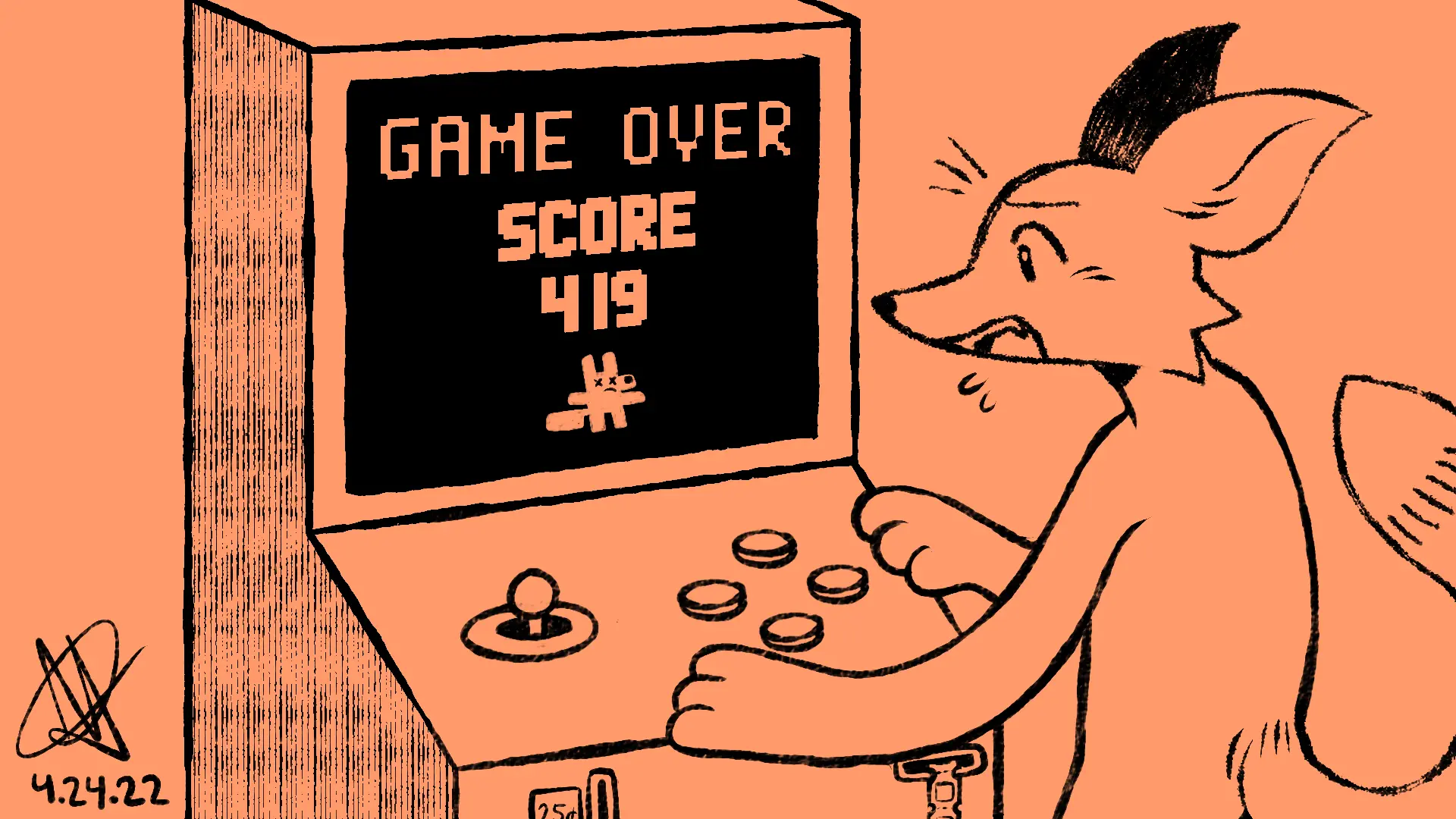 Fox Day 54: A fox playing an arcade game, devastated that he has gotten a game over at a score of 419.