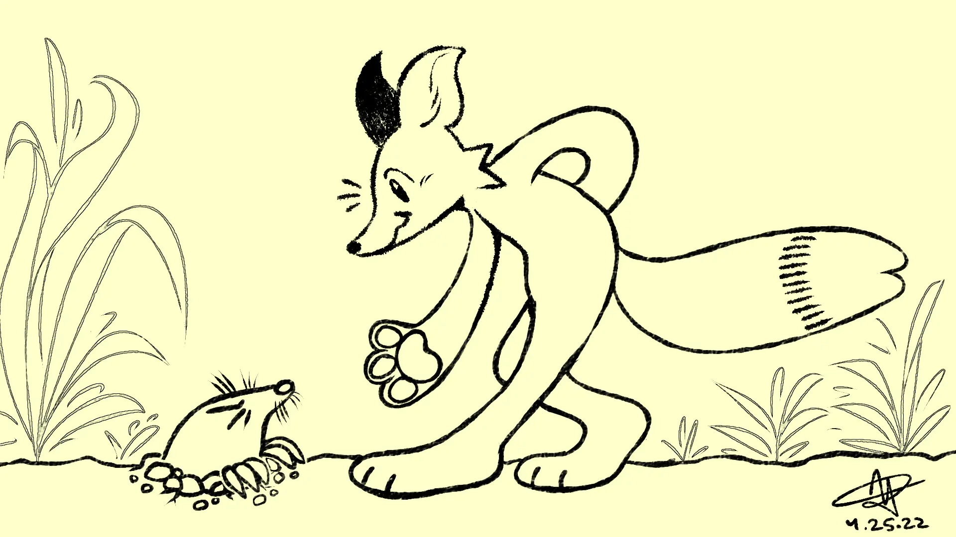 Fox Day 55: A fox extending a hand to a mole that has surfaced from the ground.