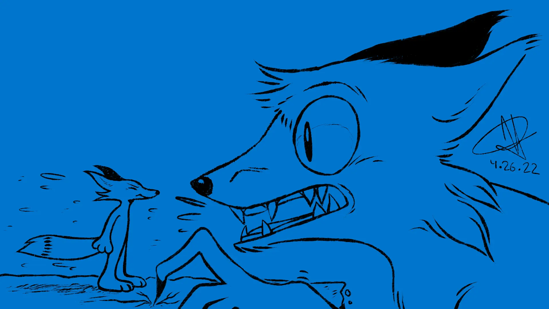 Fox Day 56: A giant monster fox angrily gekkering at a smaller fox.
