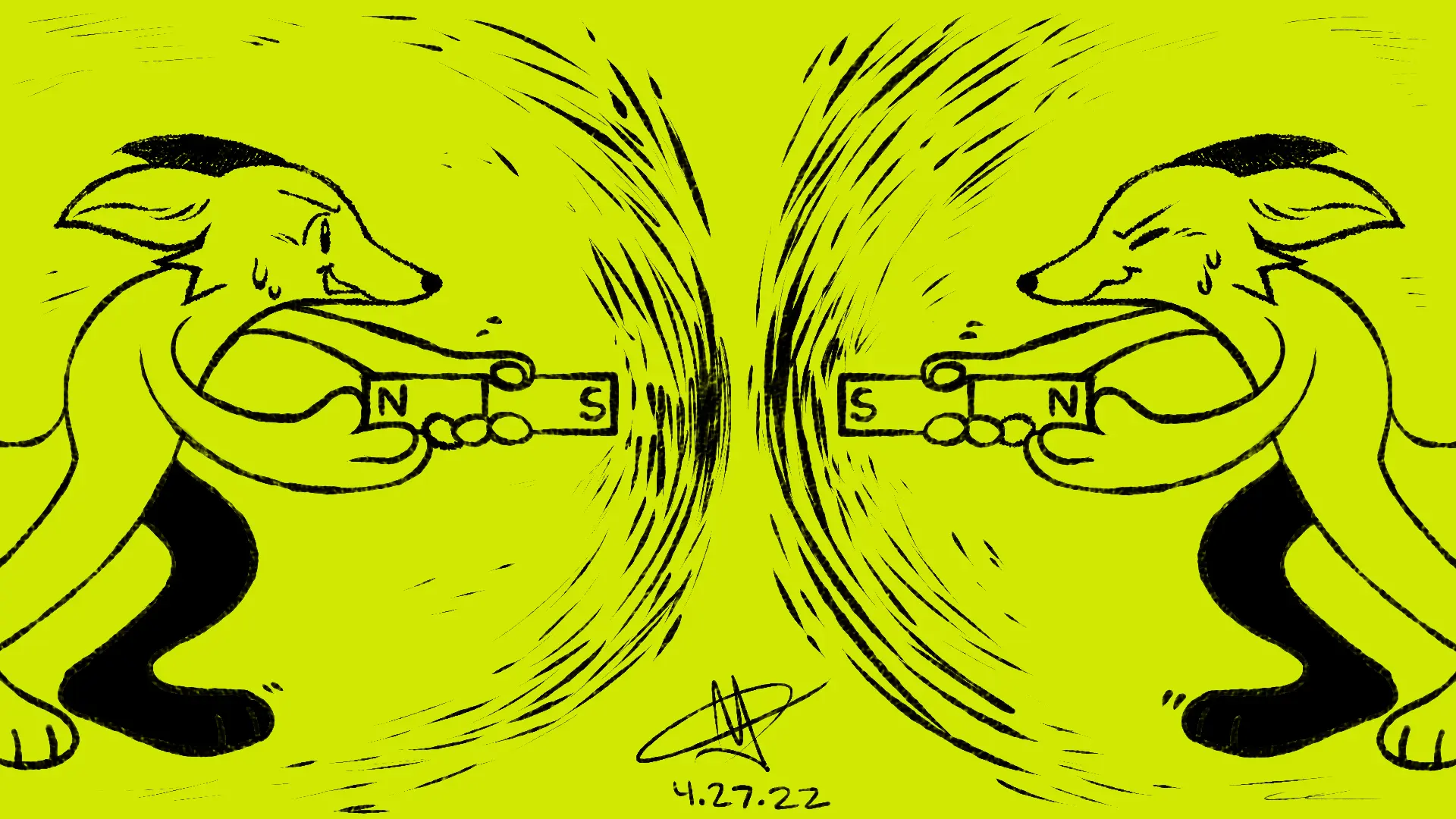 Fox Day 57: Two foxes walking toward each other, resisting the magnetic force of the repelling magnets they're holding.