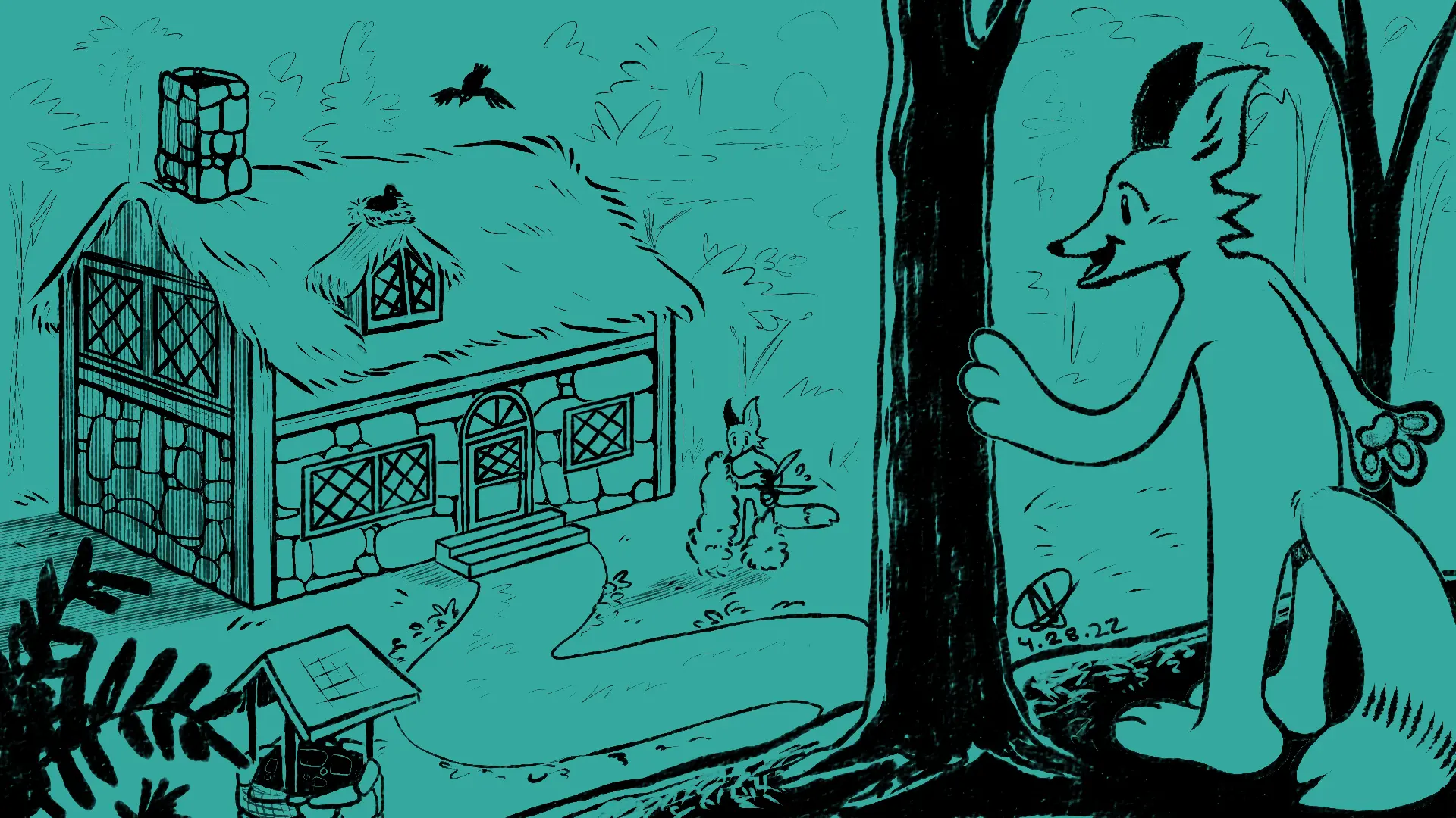 Fox Day 58: A fox looking upon a quaint little cottage in the forest, which is being tended to by another fox.