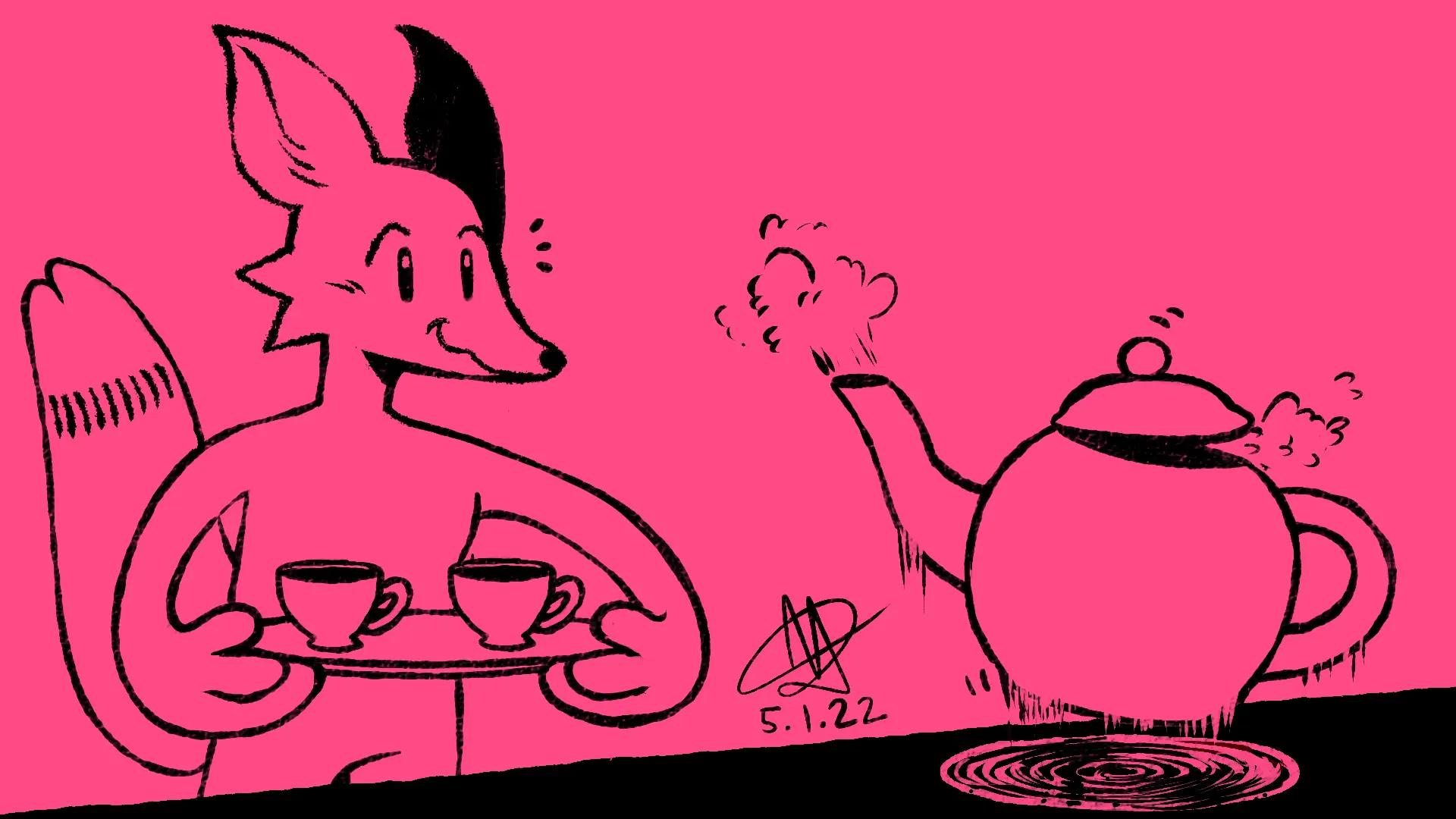 Fox Day 61: A fox carrying two tea cups, watching a kettle whistle on the stove.