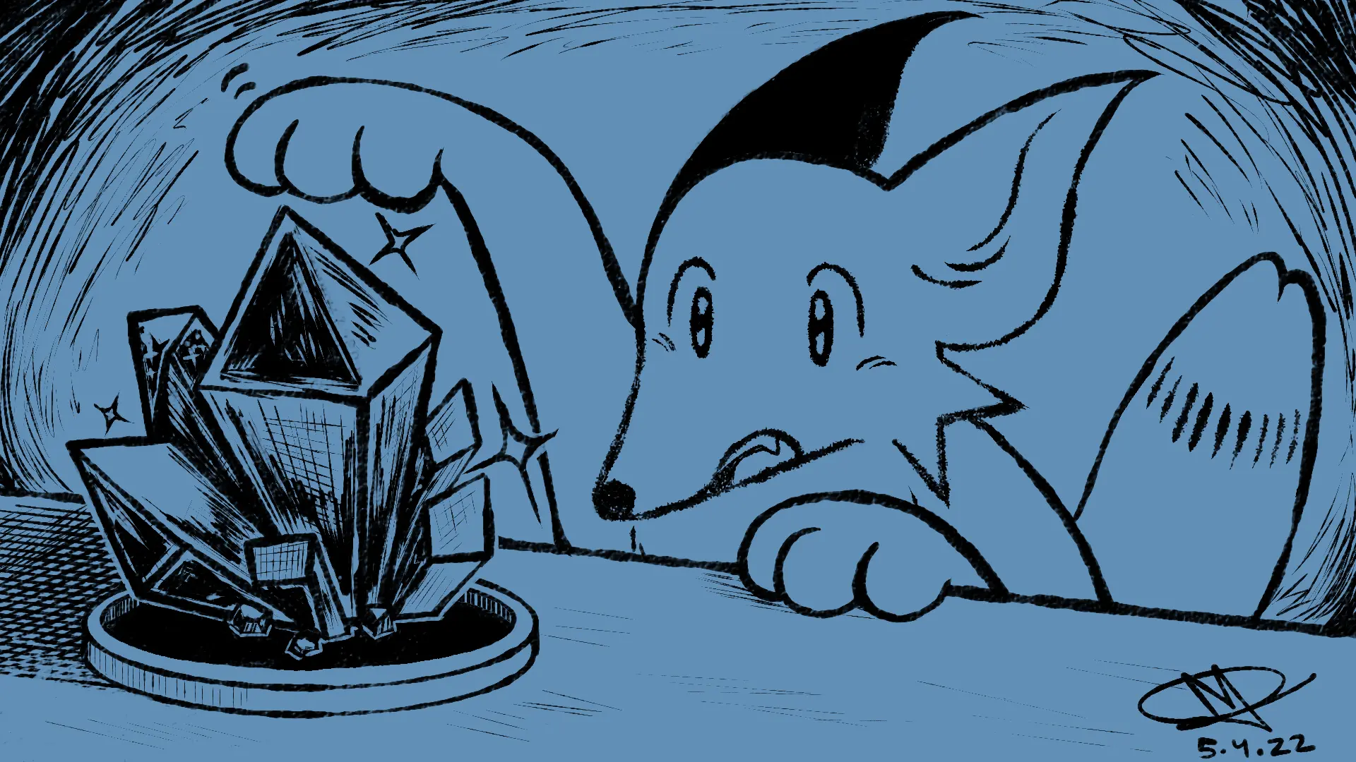 Fox Day 64: A fox touching a shiny crystal, filled with wonder.