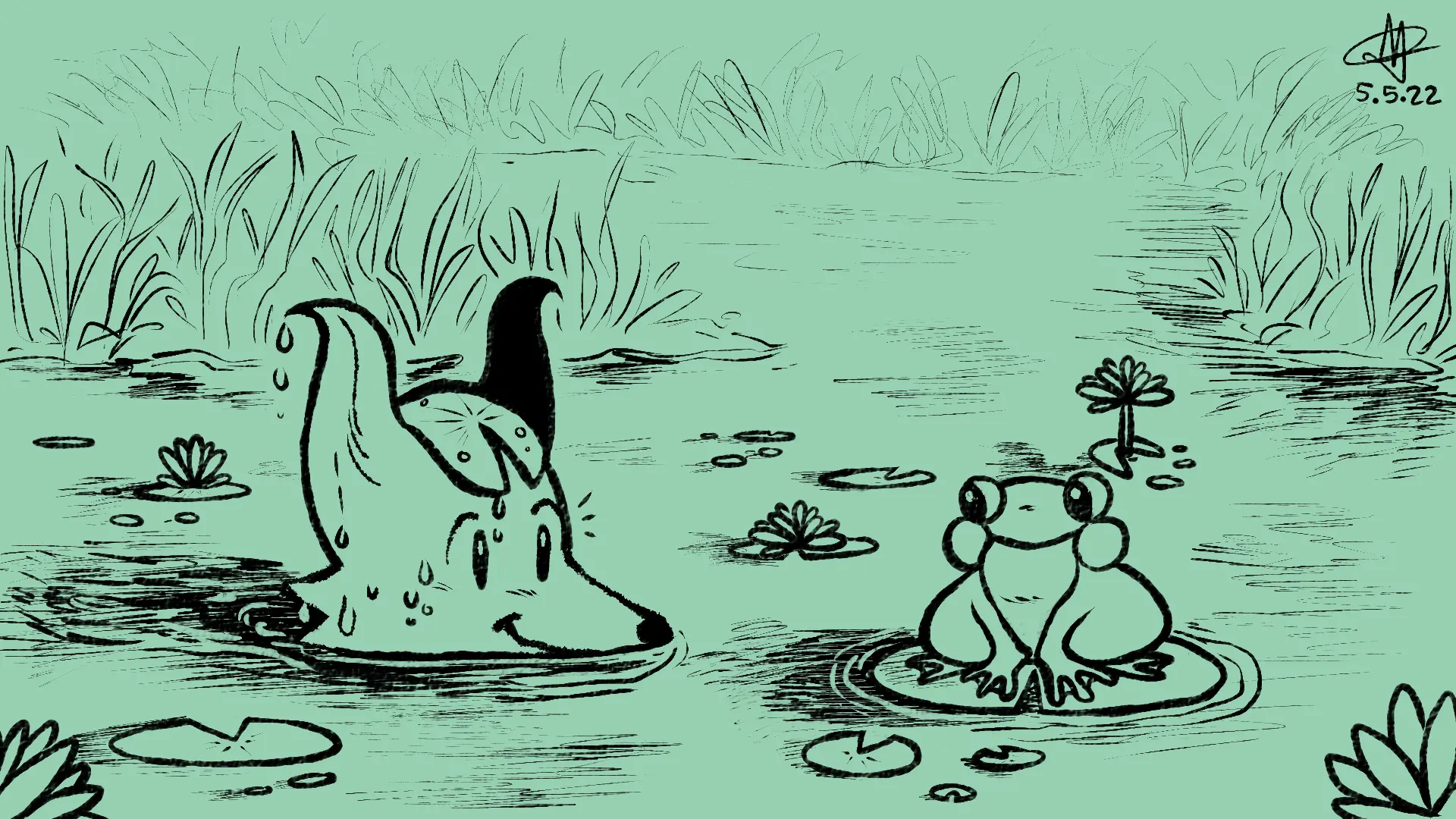 Fox Day 65: A fox swimming in marsh waters, approaching a frog on a lily pad.