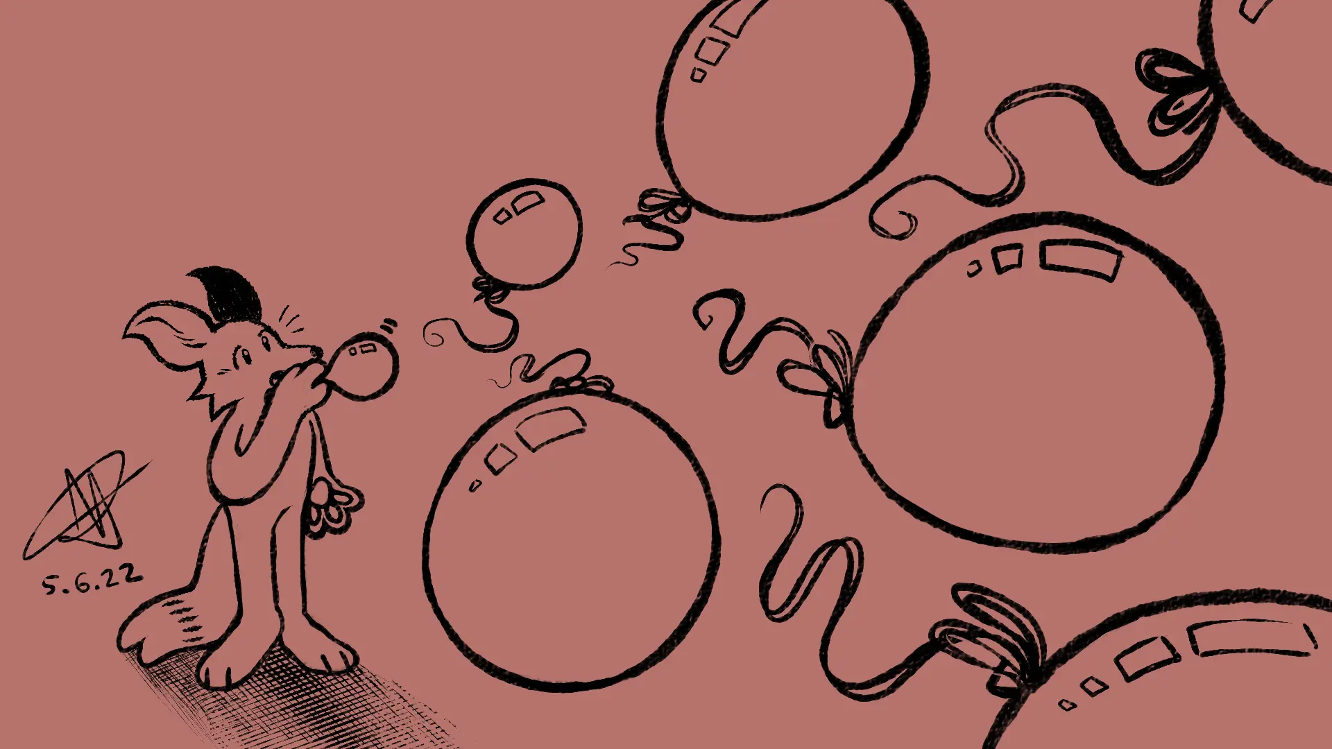 Fox Day 66: A fox blowing balloons, which go flying away into the air.