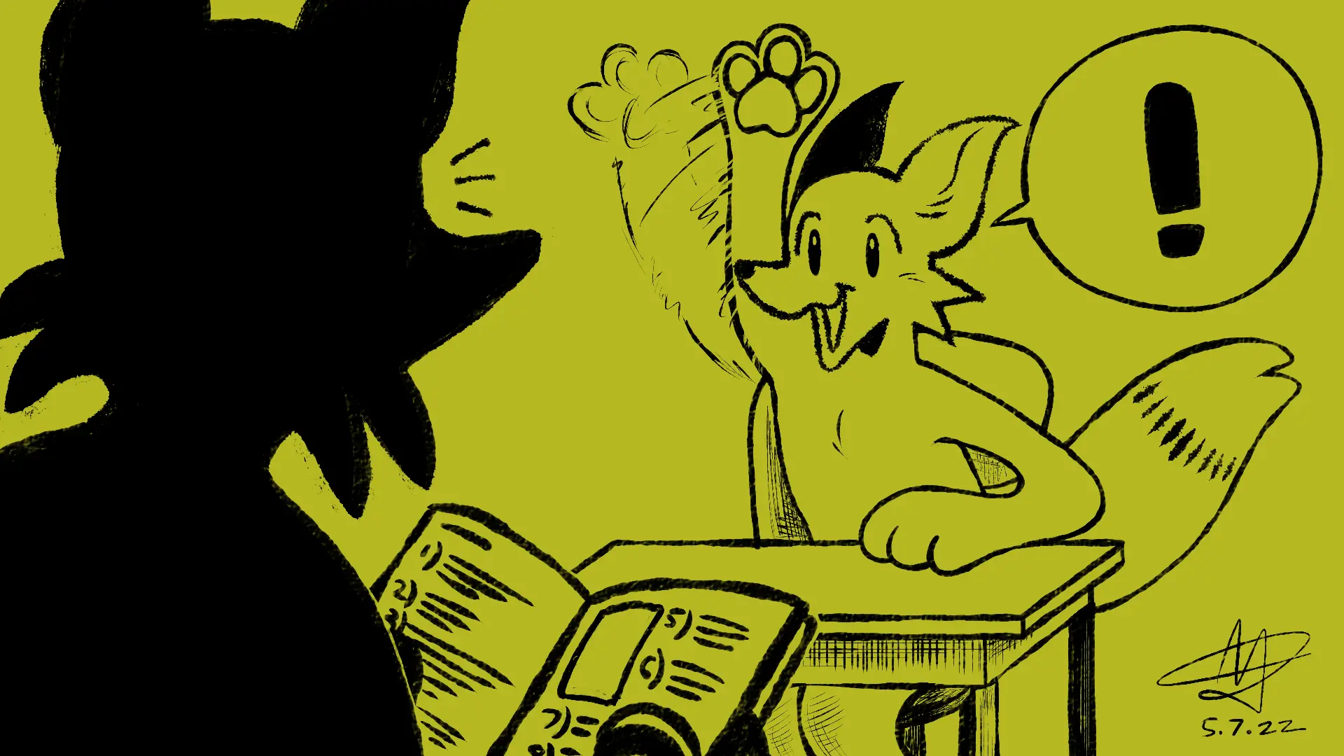 Fox Day 67: A fox excitedly raising his paw in class to answer a teacher's question.