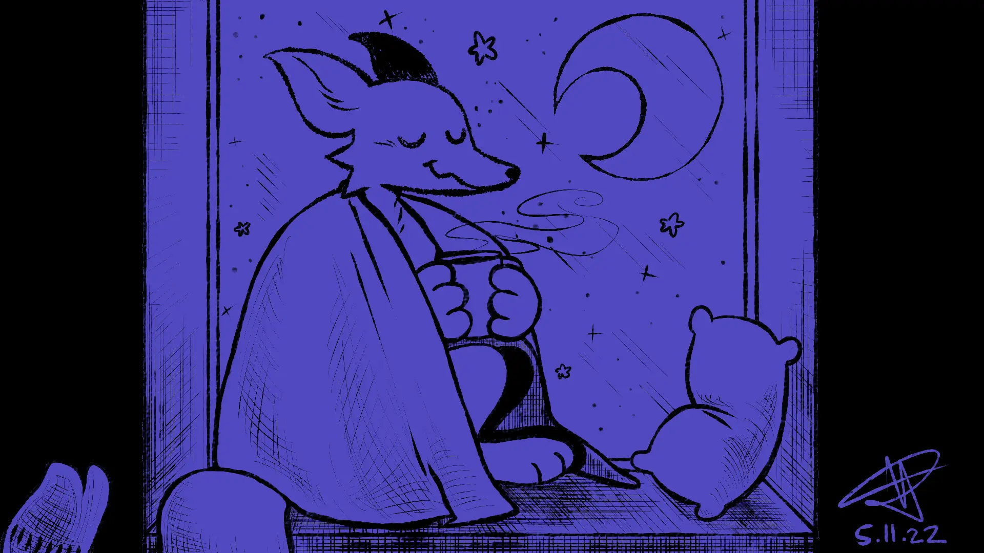 Fox Day 71: A fox enjoying a cup of tea by the window late at night.
