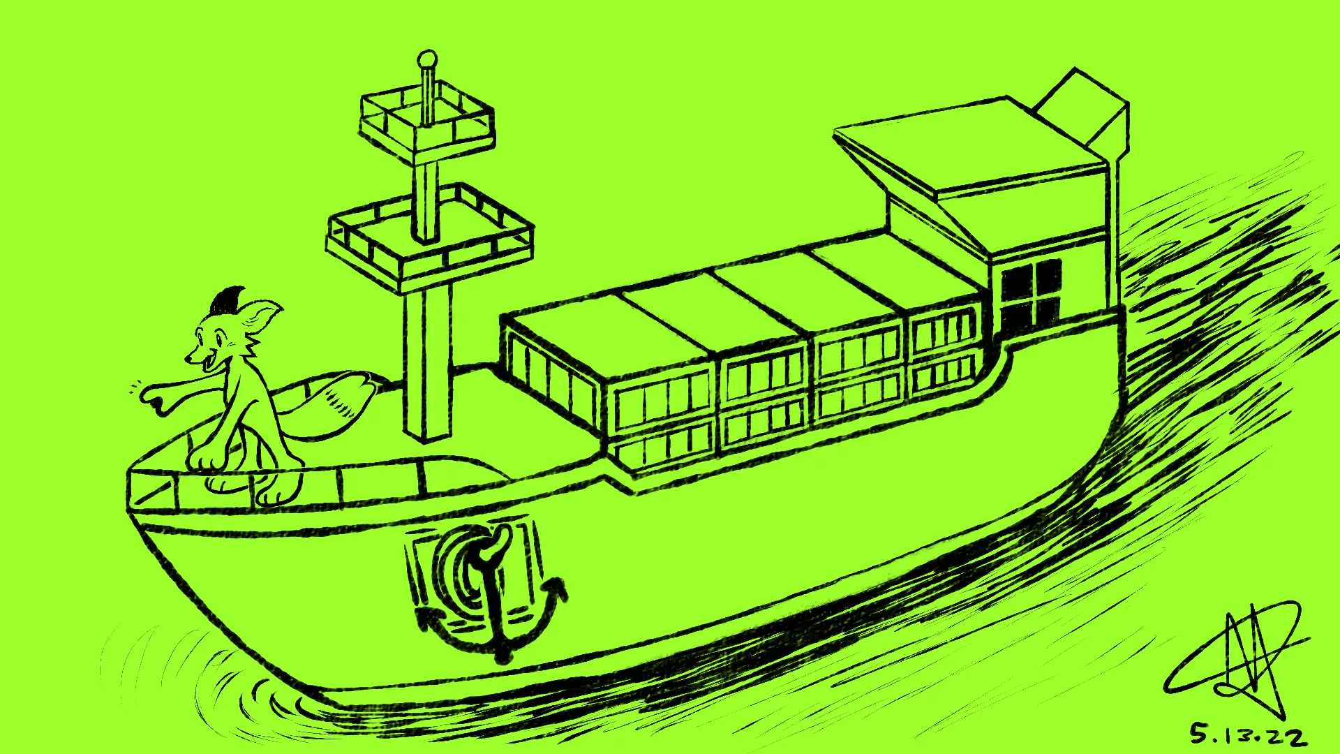 Fox Day 73: A fox on a freighter cargo ship, pointing at the sea ahead.