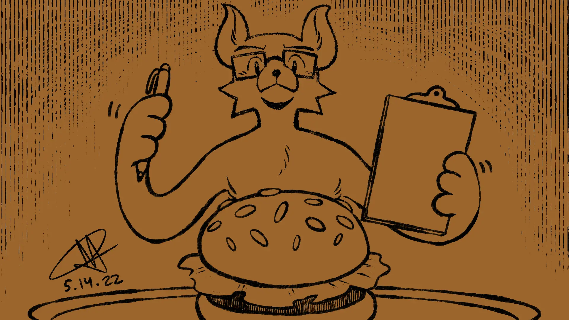 Fox Day 74: A health inspector fox examining a burger from a restaurant.