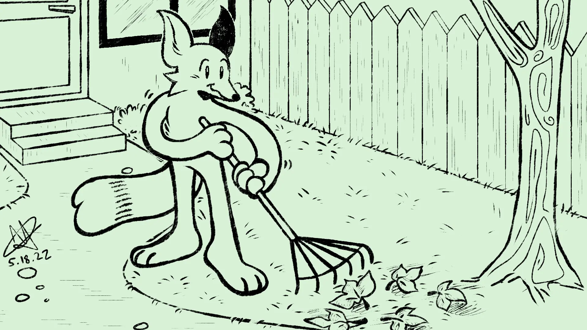 Fox Day 78: A fox raking the leaves in his backyard.