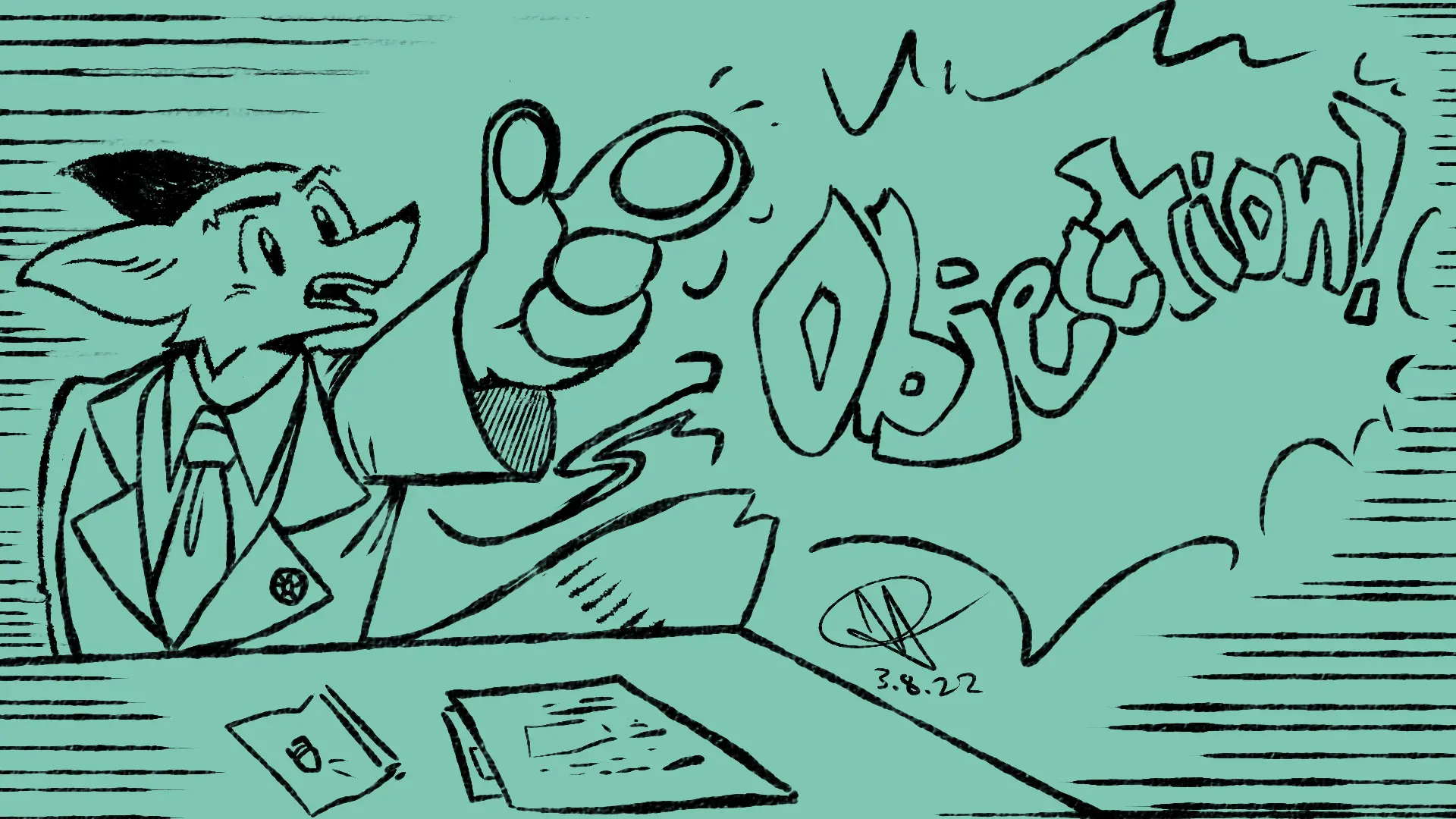 Fox Day 7: A lawyer fox in a suit yelling Objection in an Ace Attorney Phoenix Wright-esque fashion.