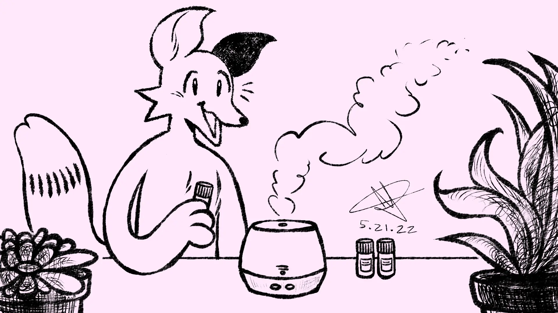 Fox Day 81: A fox using an essential oil diffuser on his table, with succulents in the foreground.