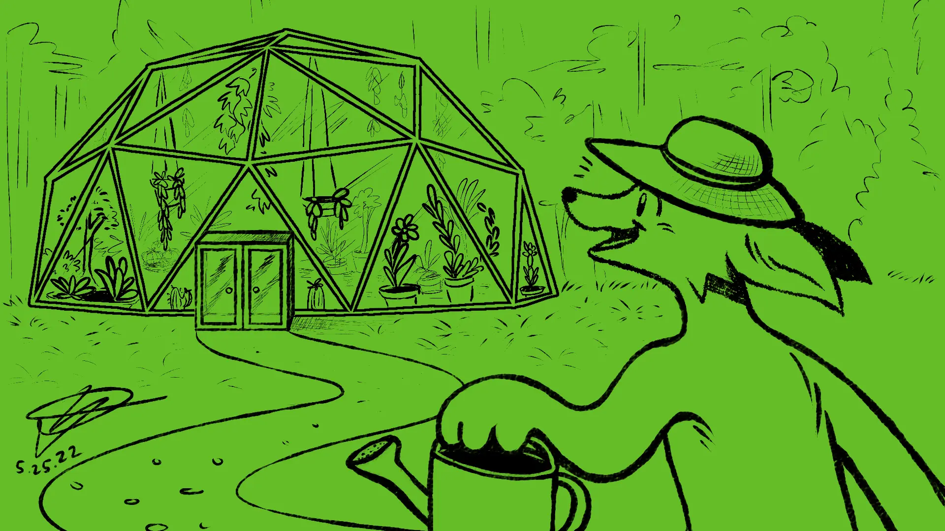 Fox Day 85: A gardener fox carrying a watering can to his greenhouse dome.